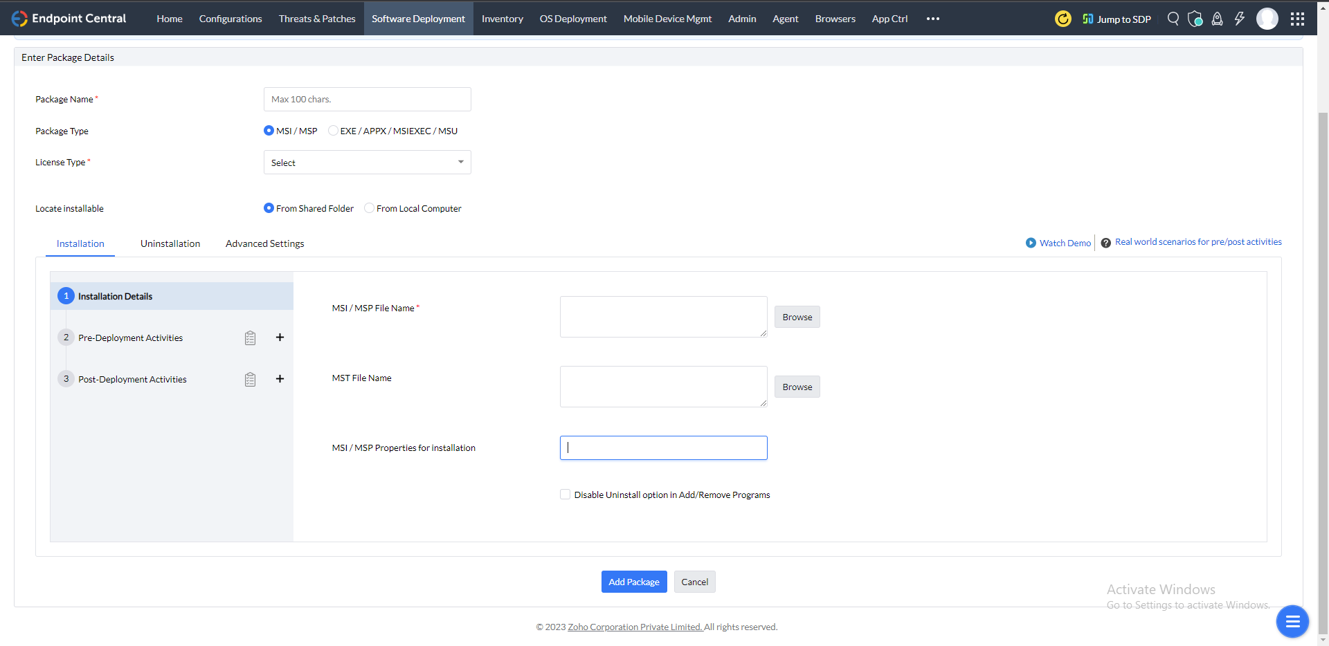 Pre deployment activities: Configure condition-checks and deploy configurations before installing the package