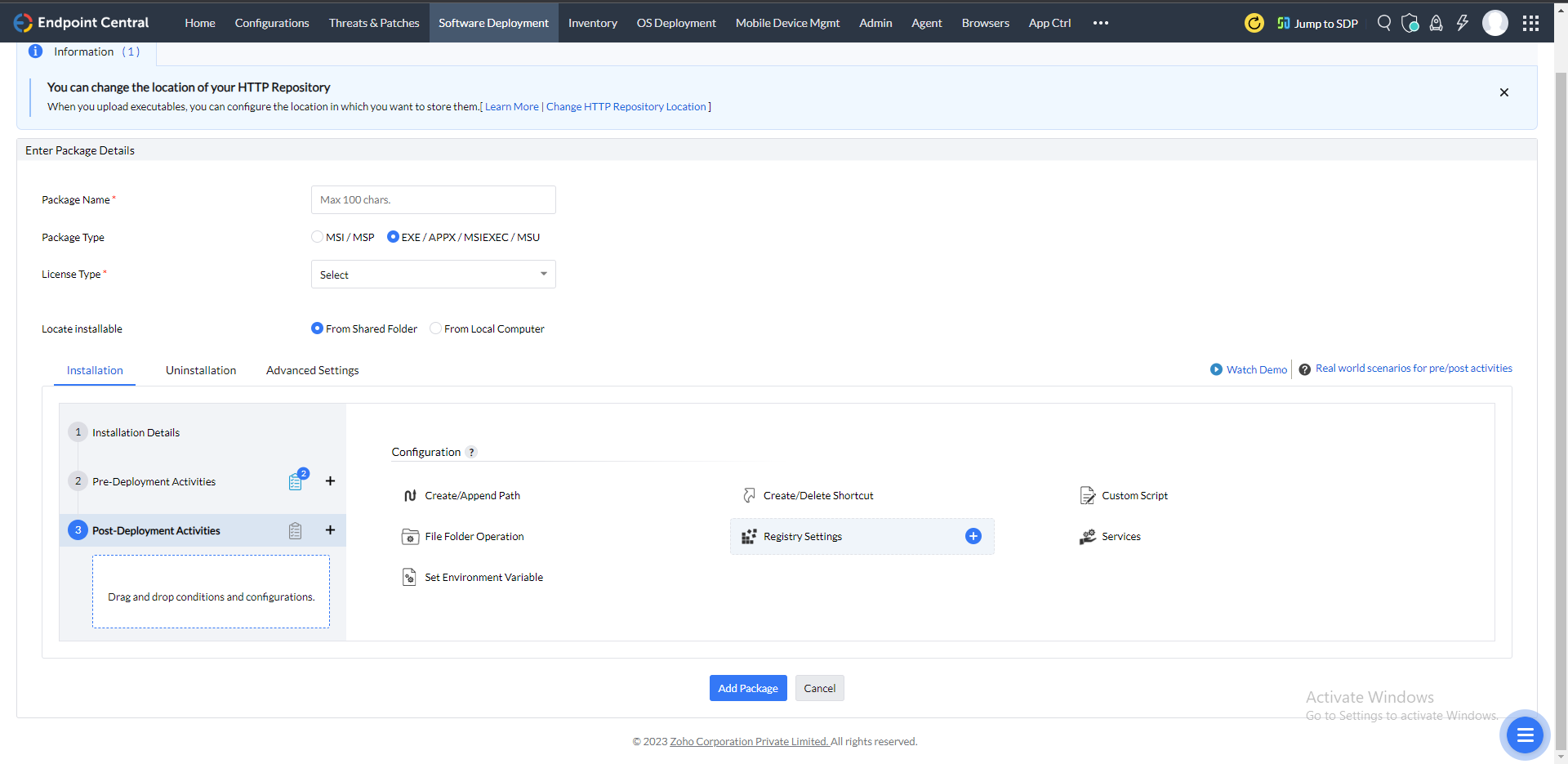 Post-deployment activities: Deploy configurations after the package is installed