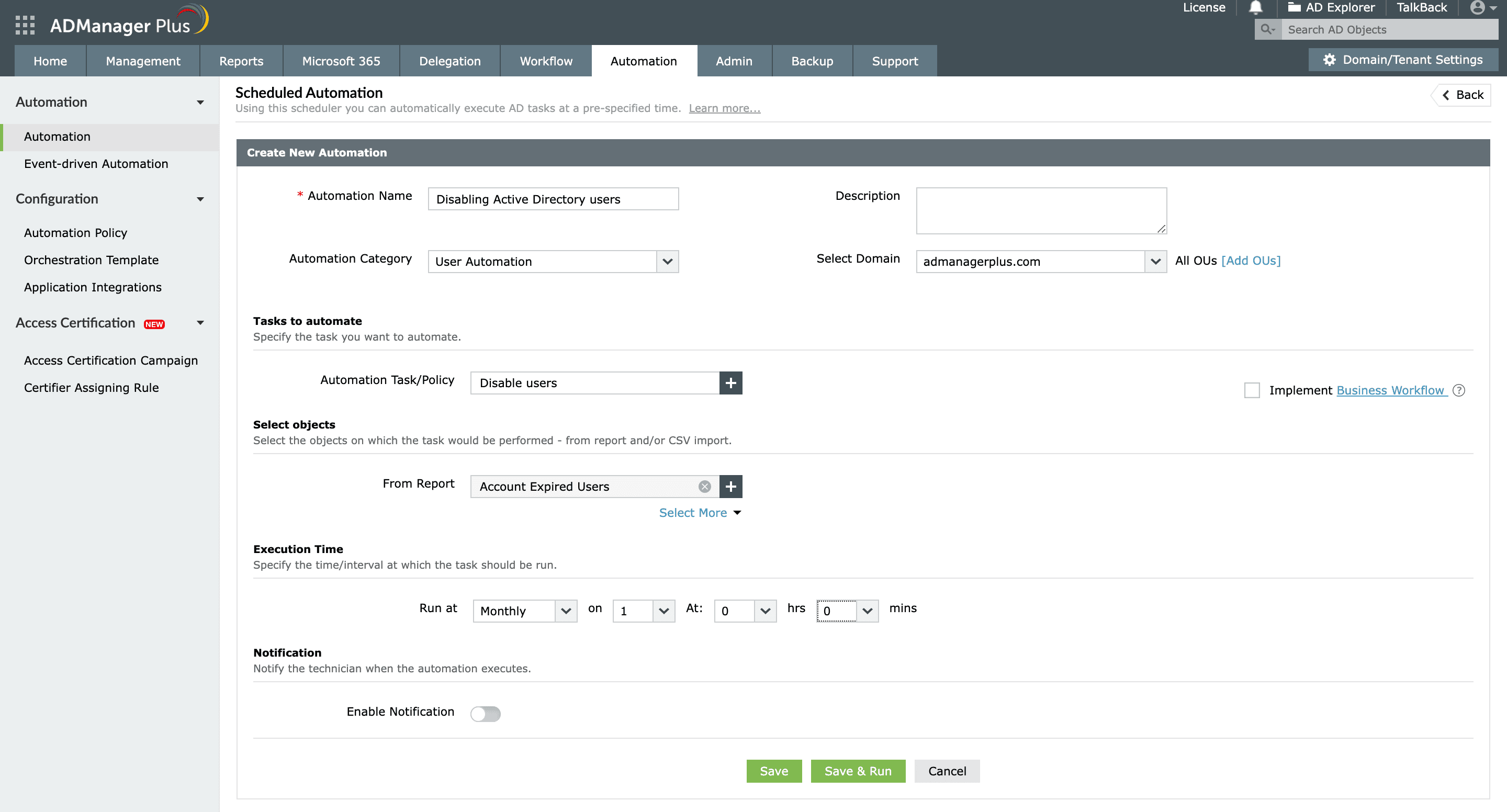 Disabling Active Directory user accounts using ADManager Plus