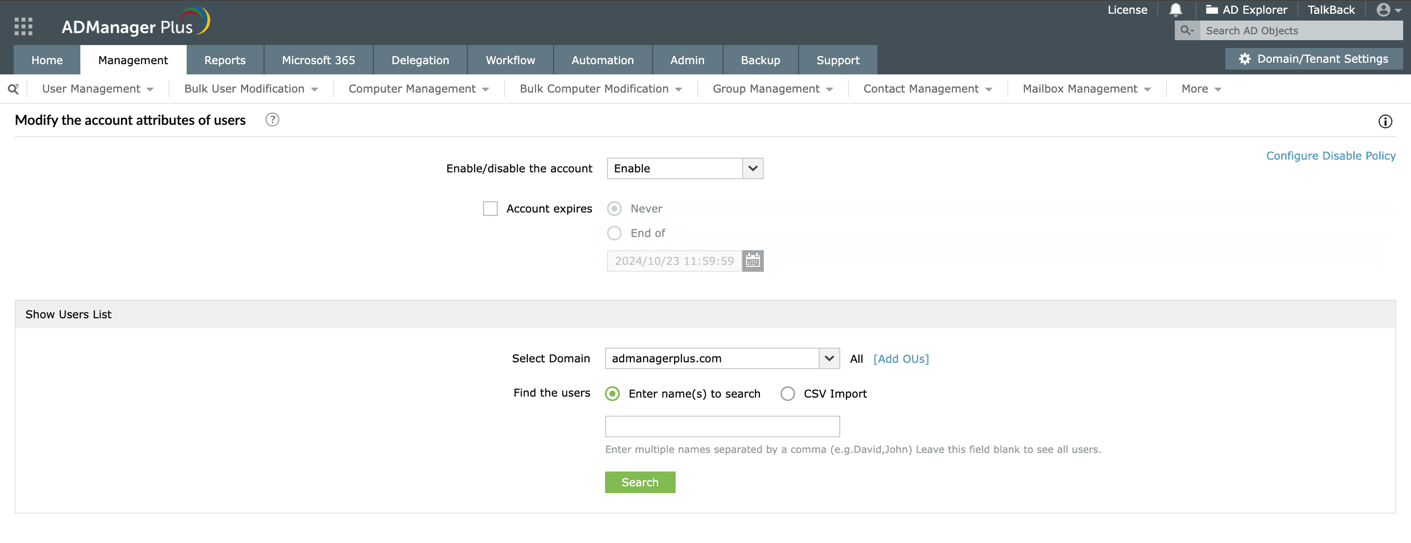 Enabling user accounts in bulk using ADManager Plus