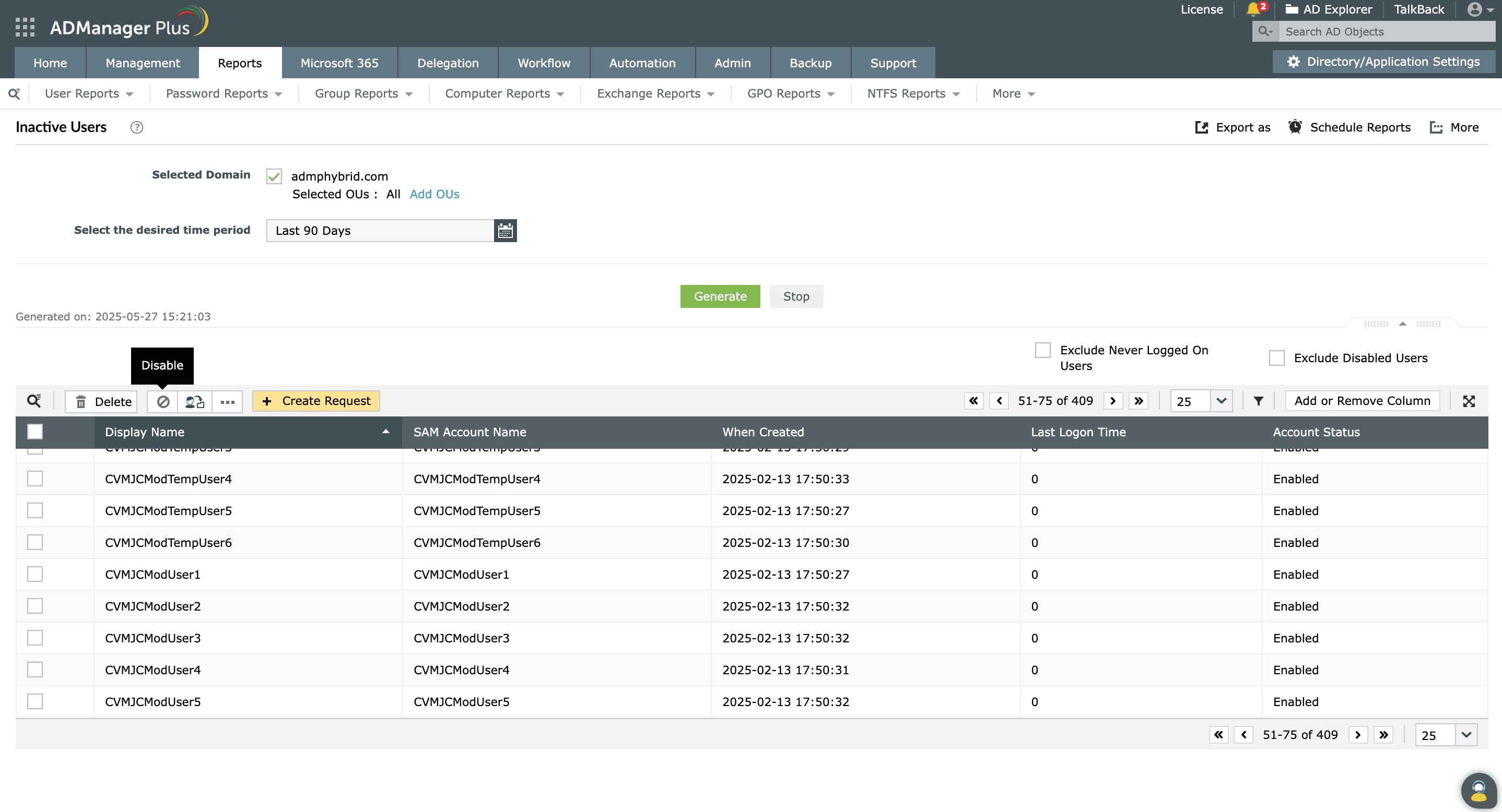 Detect inactive Active Directory users and disable them on the fly from the report