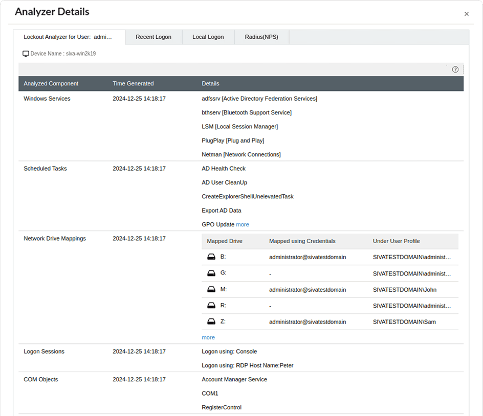An image of the account lockout analysis details in Log360 Cloud