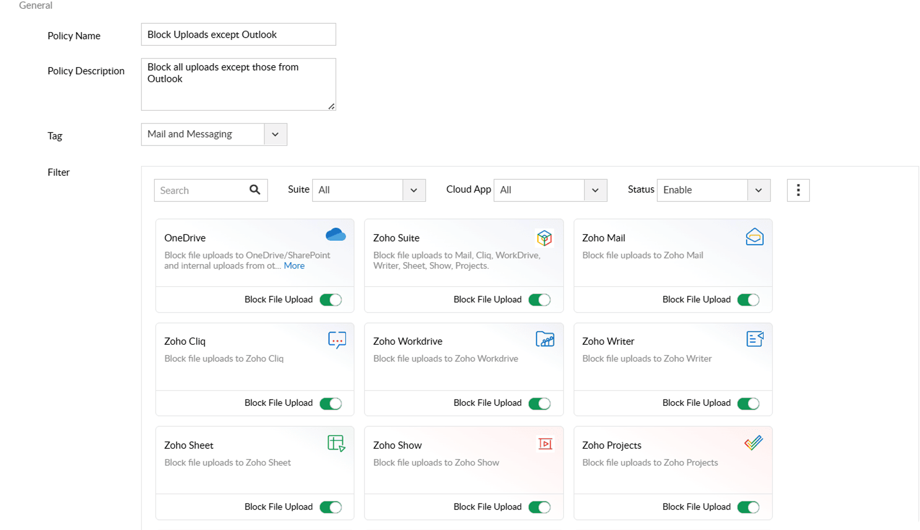 Allow file uploads only from trusted cloud applications and block uploads from all other sources.