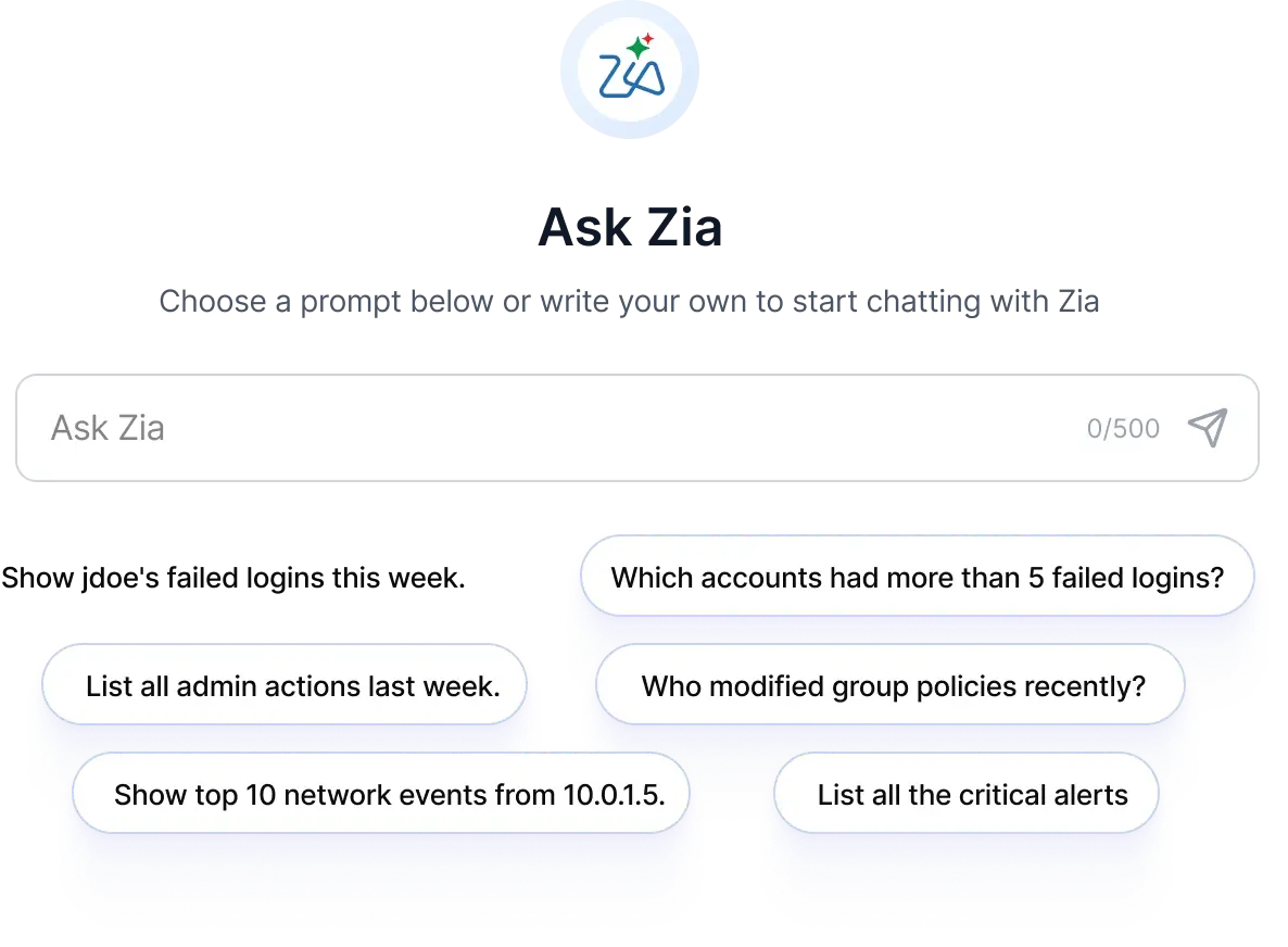 Ask Zia interface showing natural language prompts for log and alert searches