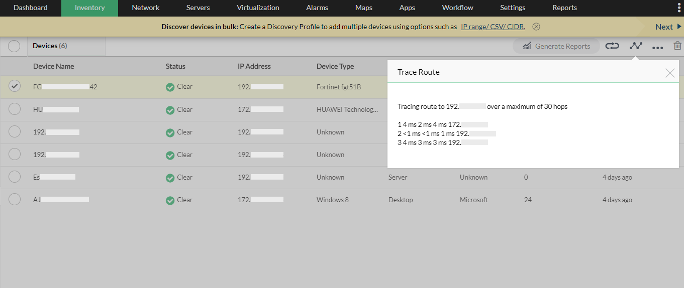 Dashboard de trace routes de dispositivos - ManageEngine OpManager