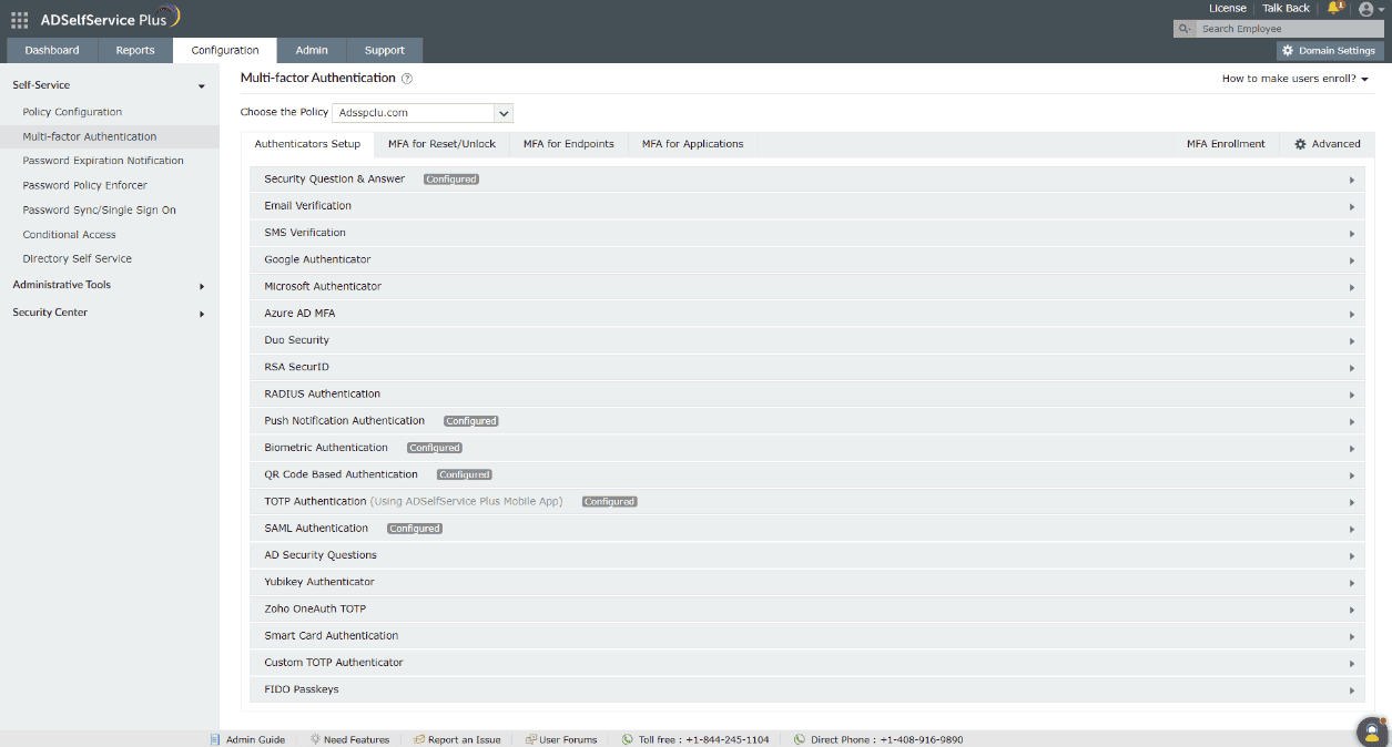 A screenshot showing the variety of authentication factors available in ADSelfService Plus