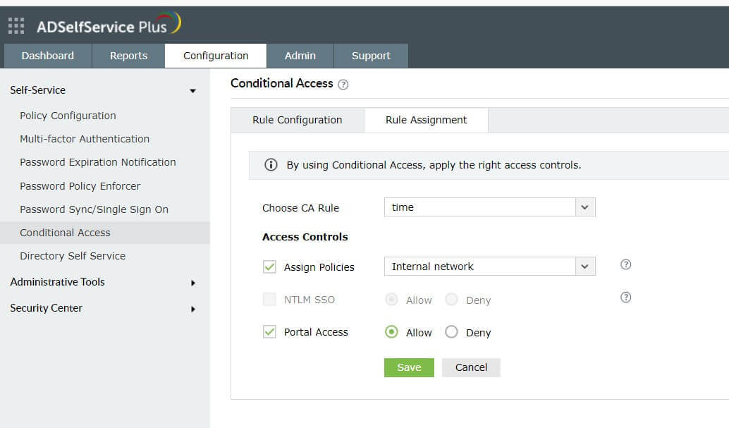 Steps to assign the conditional access rule in ADSelfService Plus.