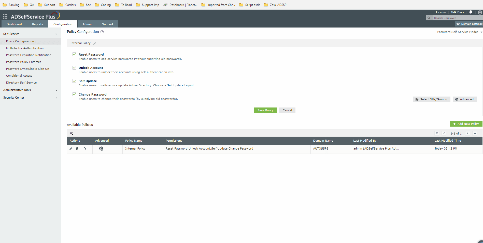 Creating policies for MFA configuration, including Internal and External policies for targeting relevant users and endpoints.