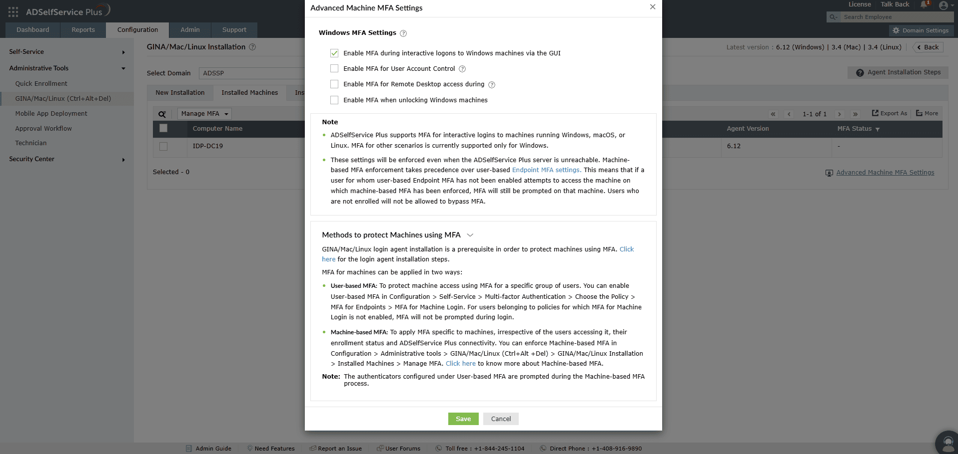 Screenshot of the Advanced Machine MFA Settings pop-up where administrators can enable device-based local user MFA.