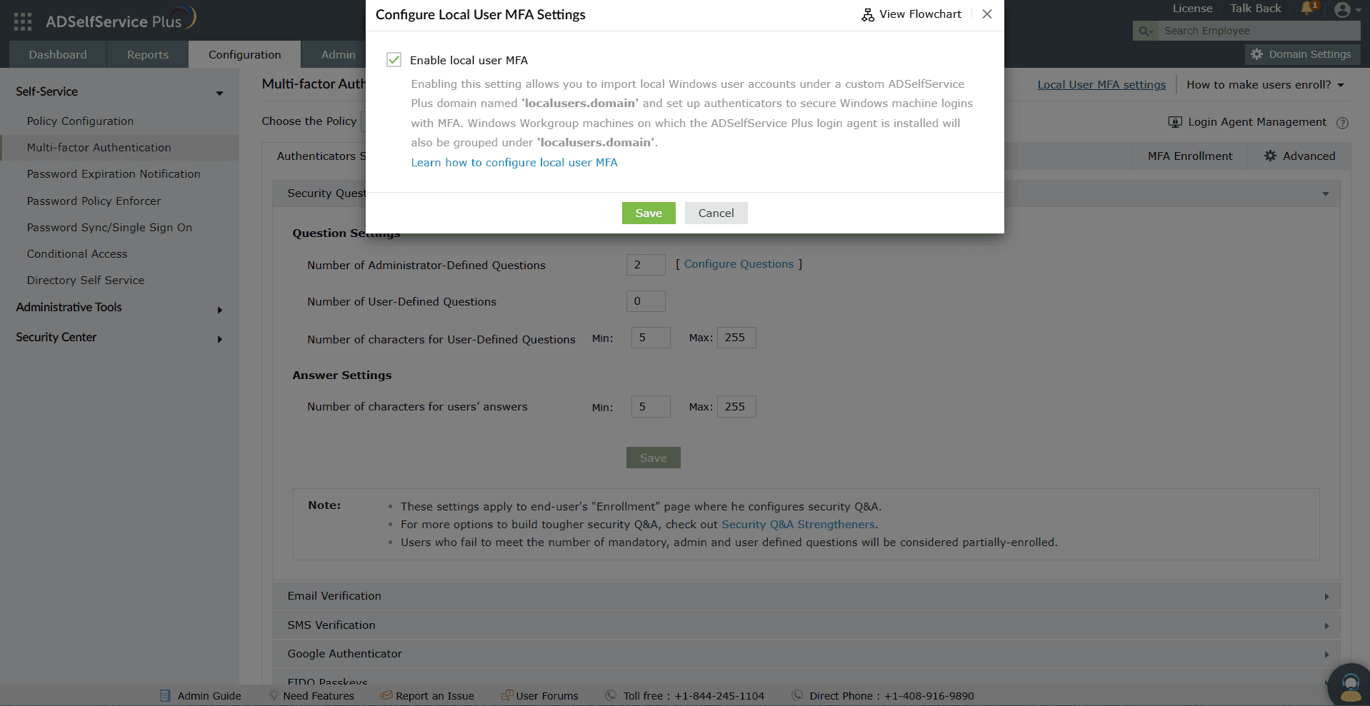 Screenshot of the Configure Local User MFA Settings pop-up for configuring local user MFA.