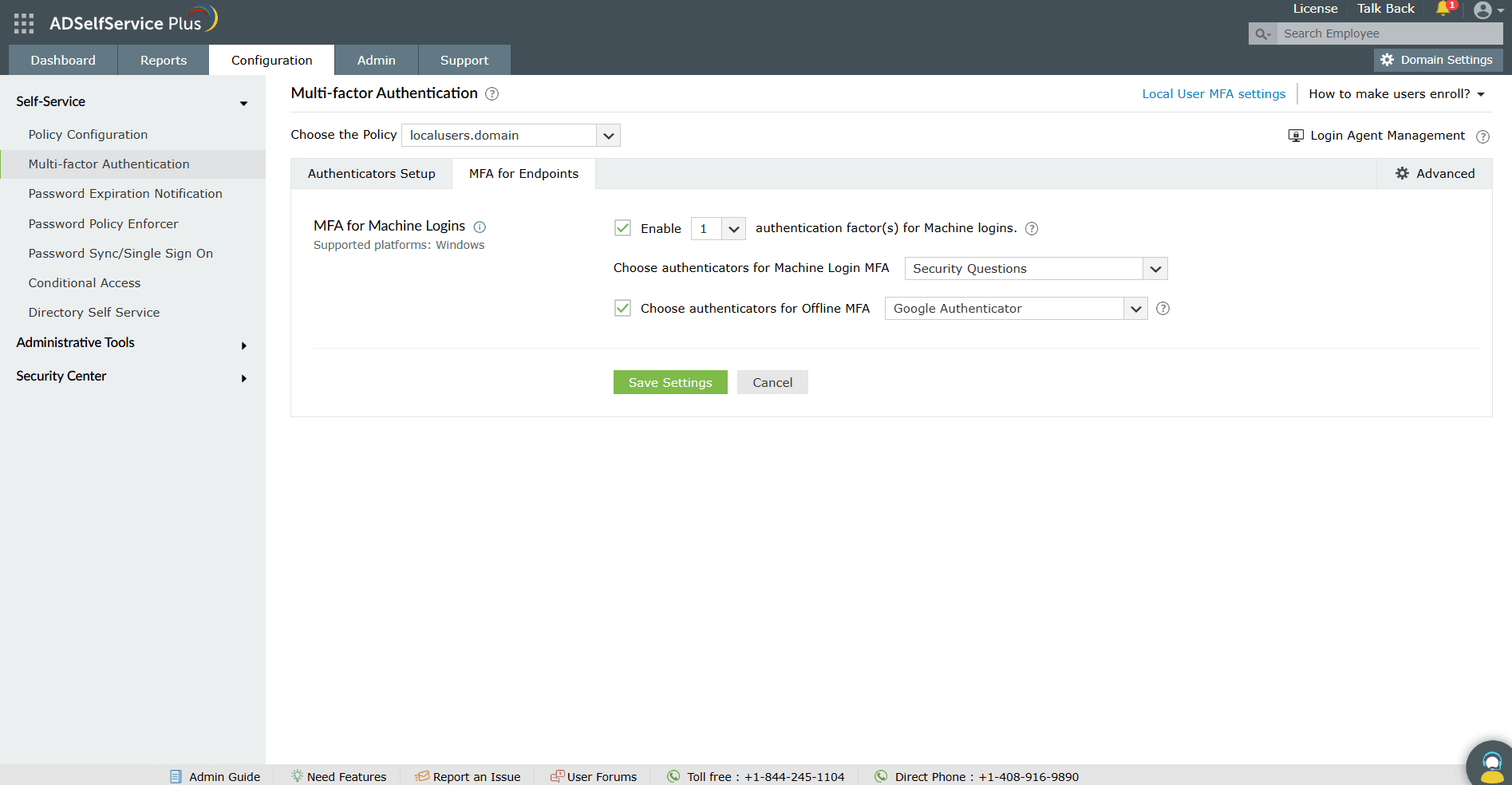 Screenshot of the MFA for Endpoints tab for configuring local user MFA and offline local user MFA.