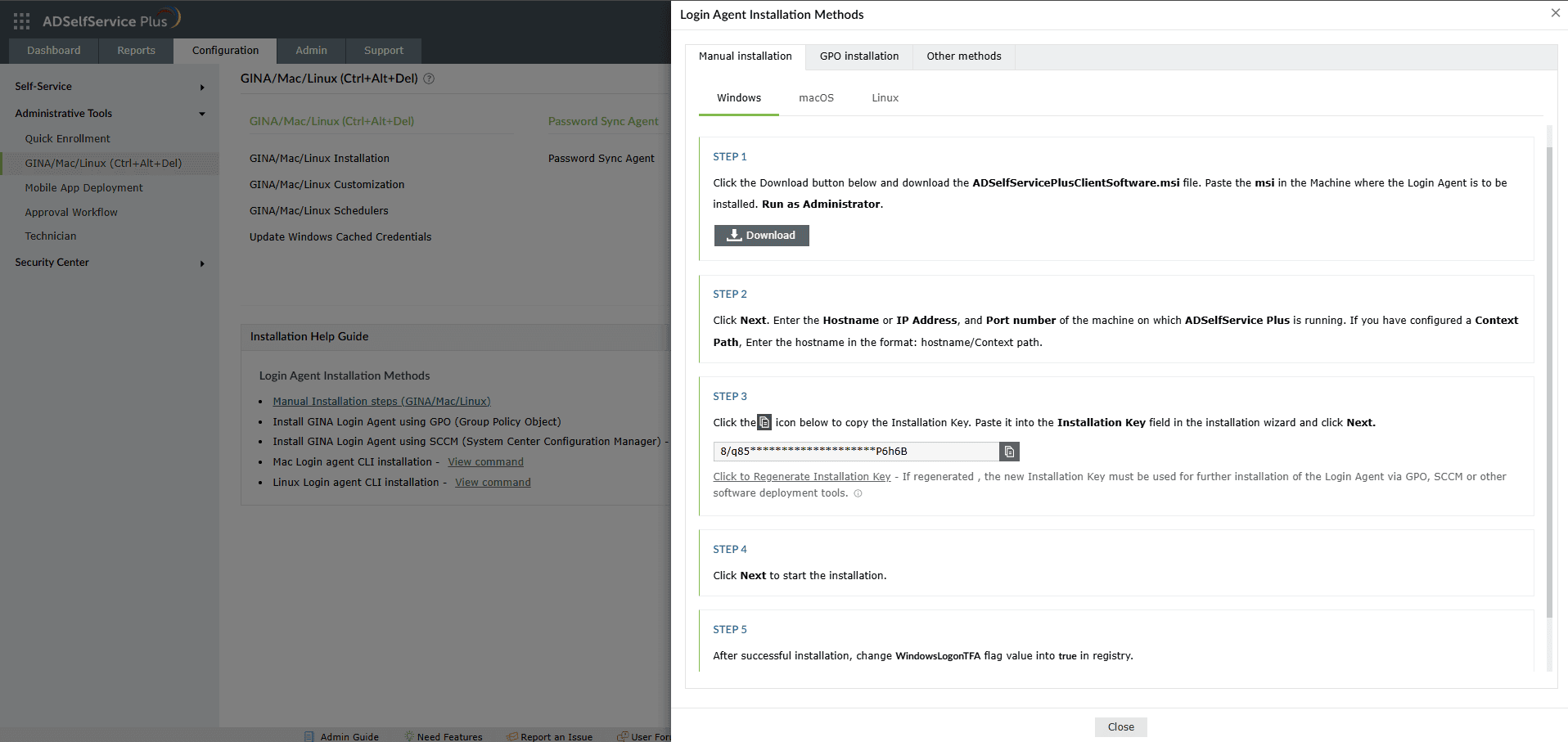 Screenshot of the manual login agent installation steps displayed in the GINA/Mac/Linux (Ctrl+Alt+Del) section.