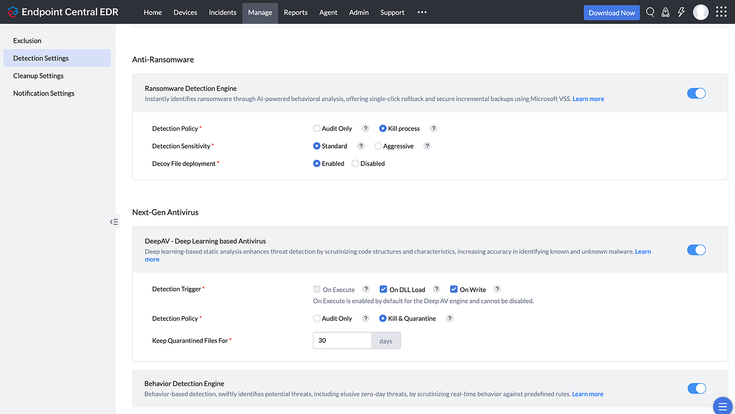 Detection settings — configure ransomware engine sensitivity, DeepAV deep-learning analysis, and behavior detection policies