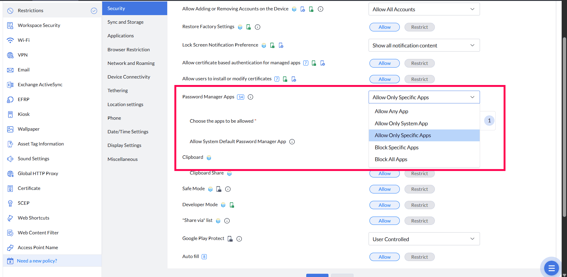 Password Manager Apps restriction