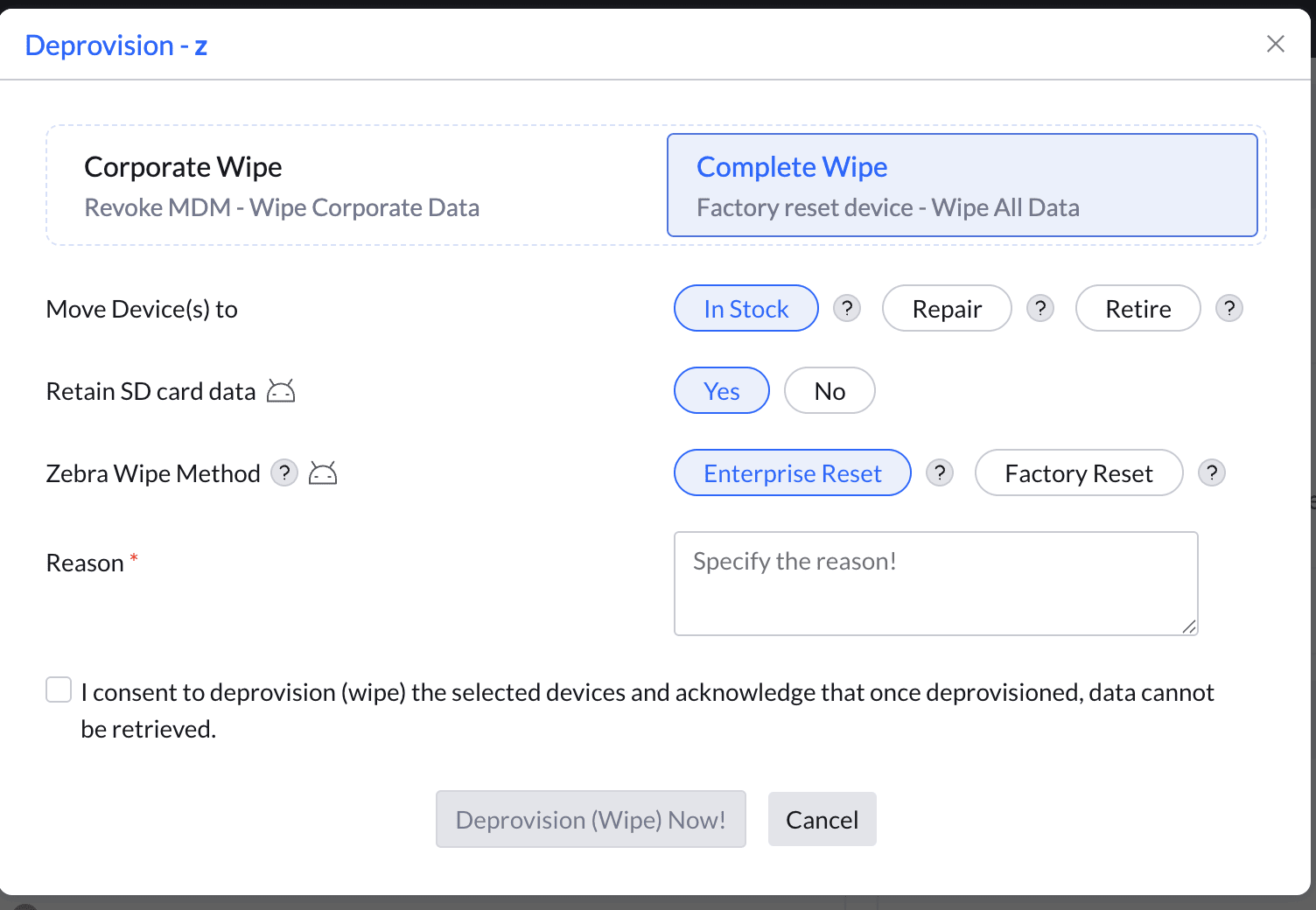 Zebra Enterprise Reset