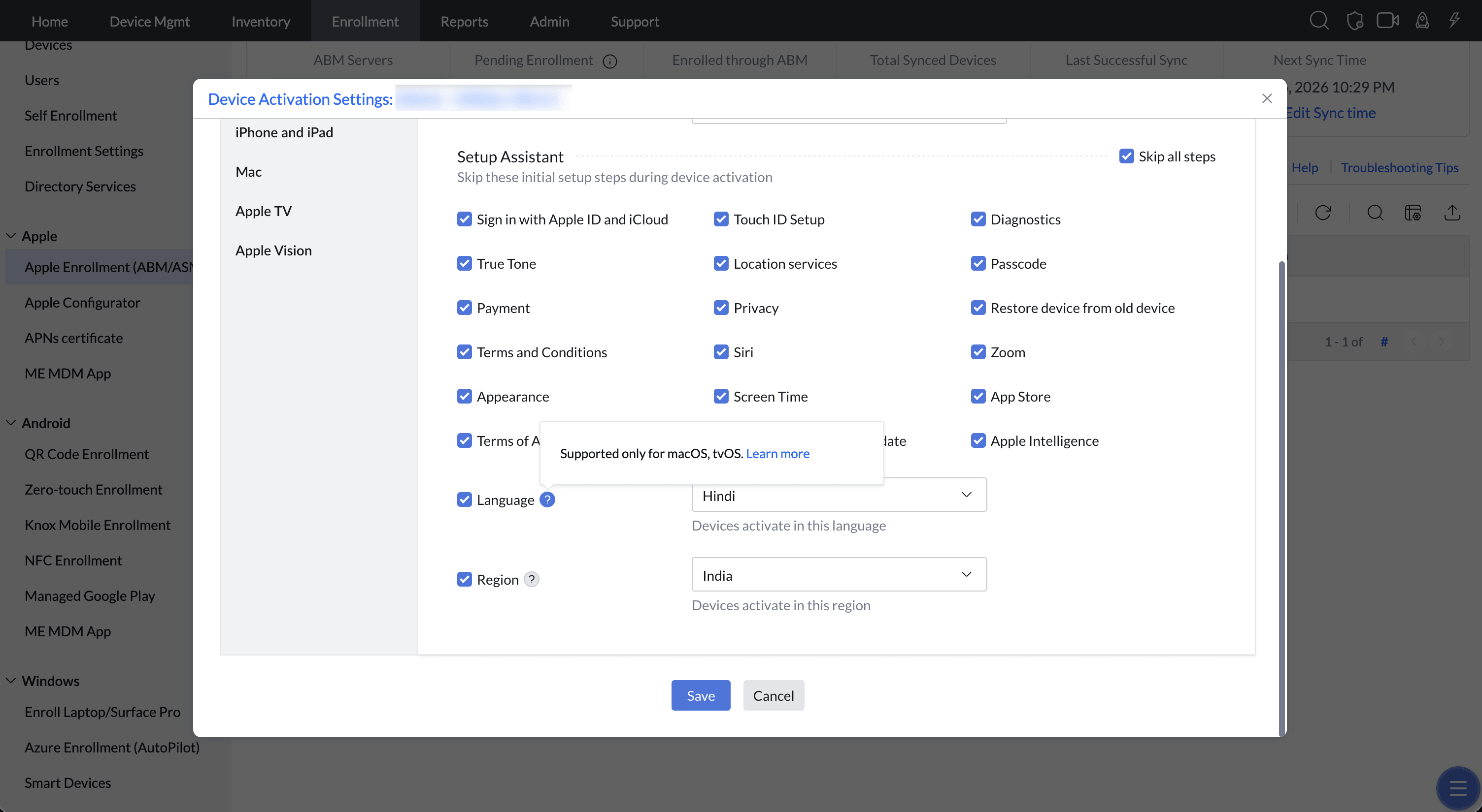 Setup Assistant screen showing all configurable steps, including Language and Region