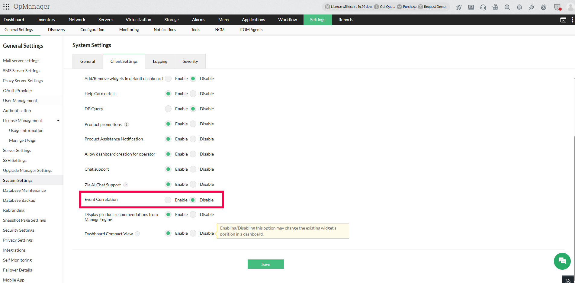 Event Correlation in OpManager: Global Disable