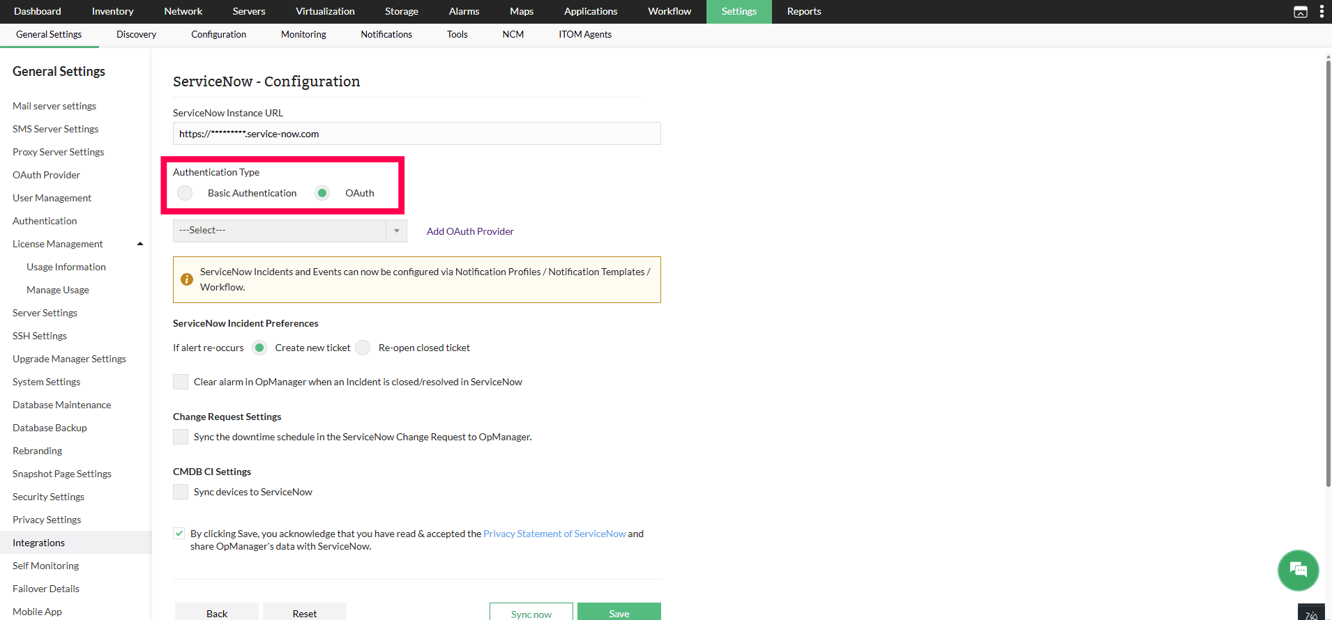Integrate OpManager with ServiceNow