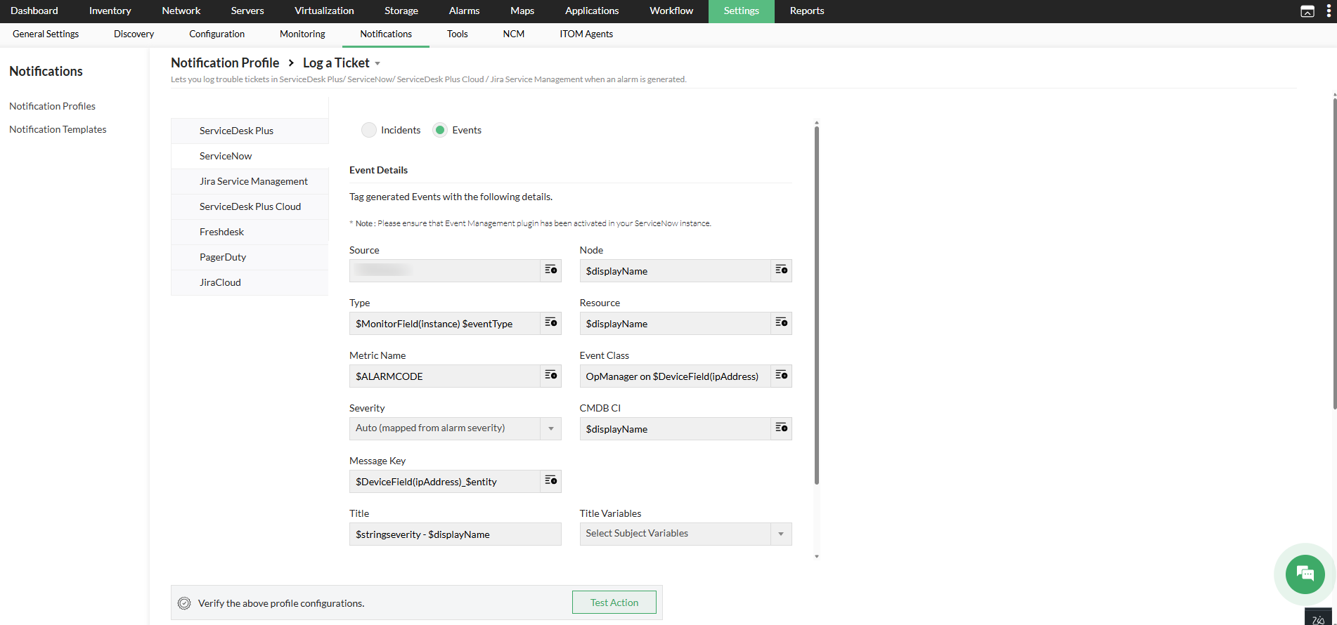 Integrate OpManager with ServiceNow