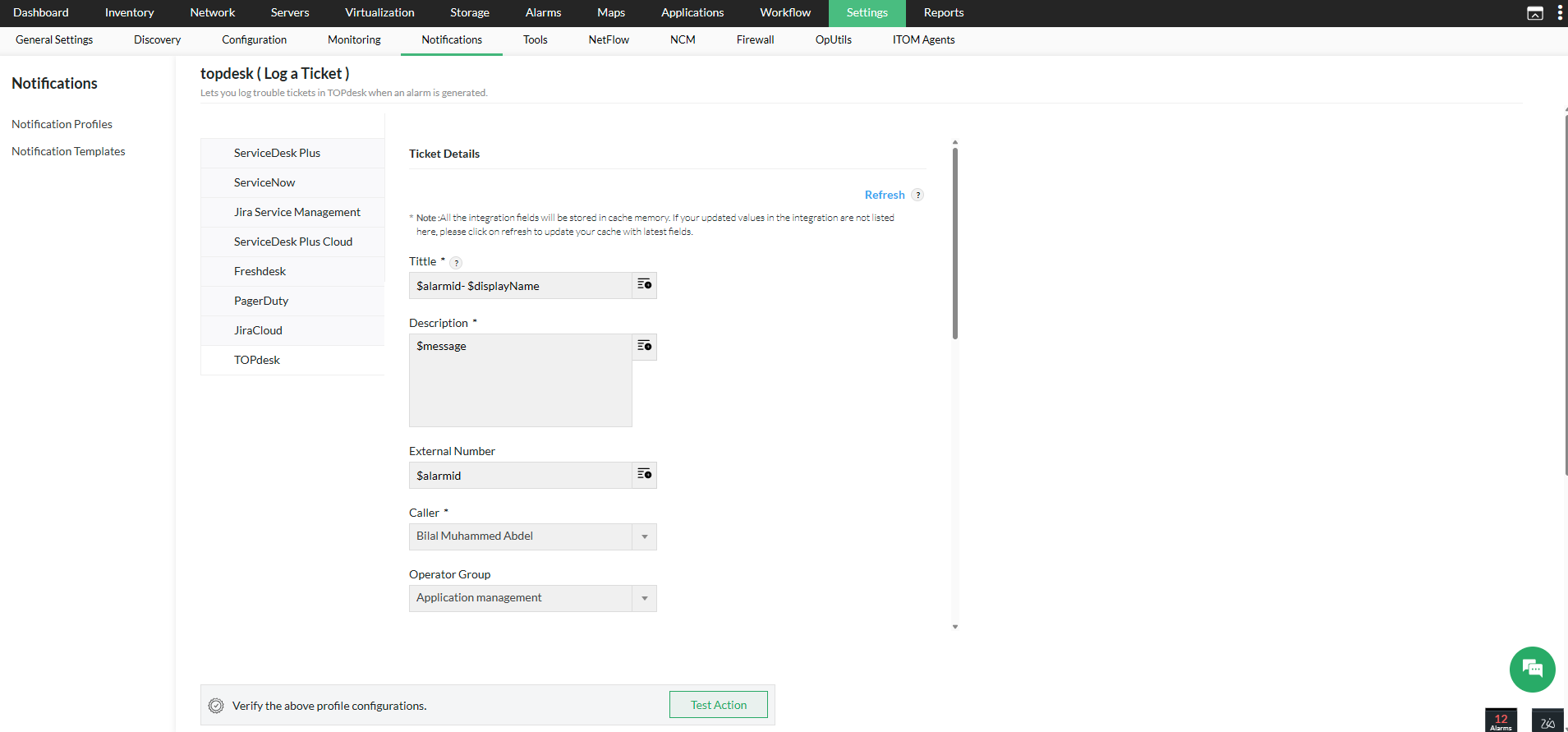 TOPdesk integration- ManageEngine OpManager