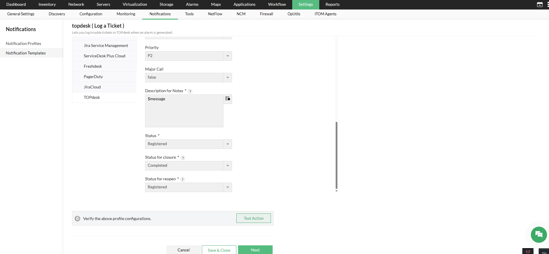 TOPdesk integration- ManageEngine OpManager