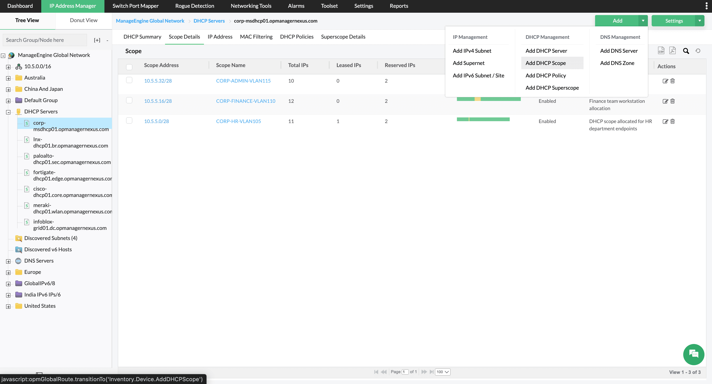 DHCP scope management - ManageEngine OpUtils