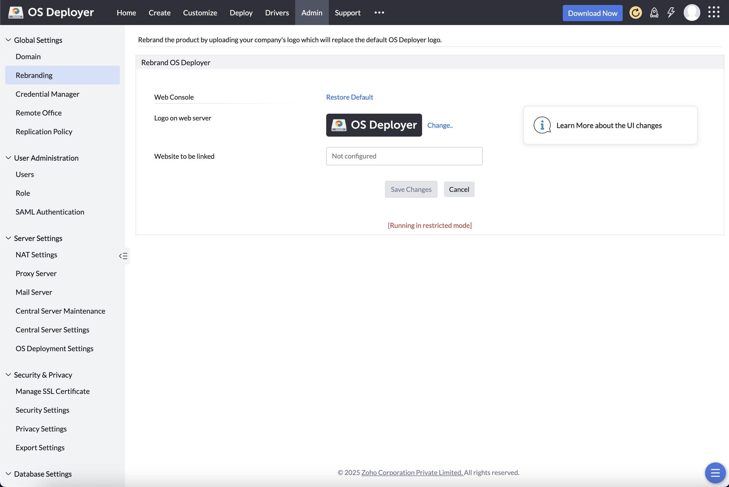 Rebranding settings page displaying options for modifying the logo and company name.