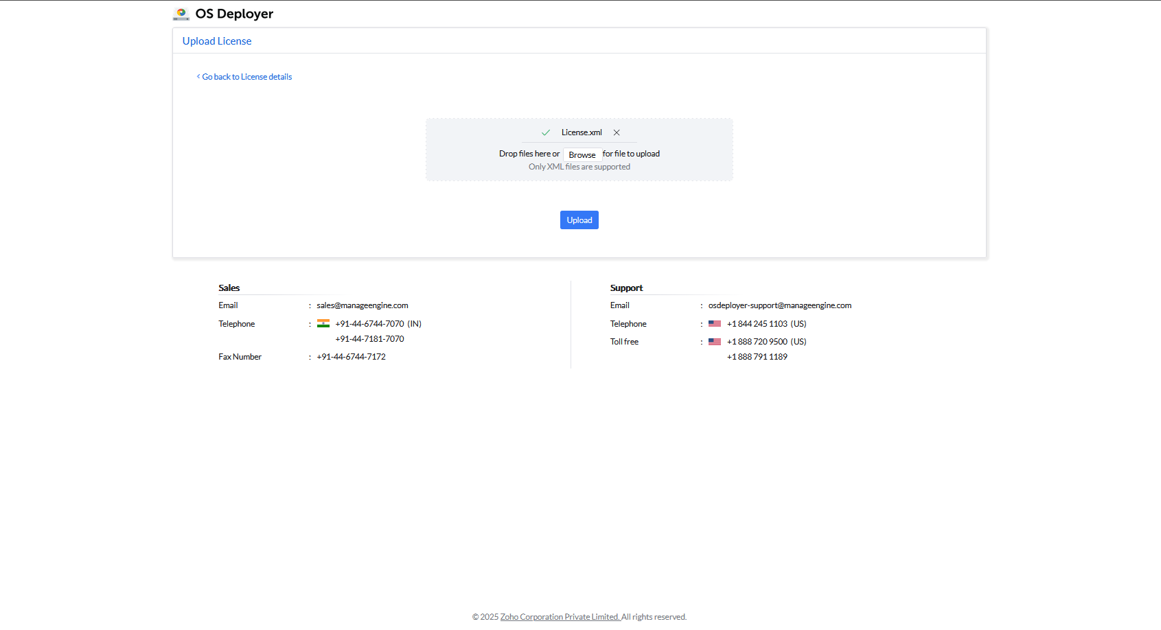OS Deployer license upload confirmation