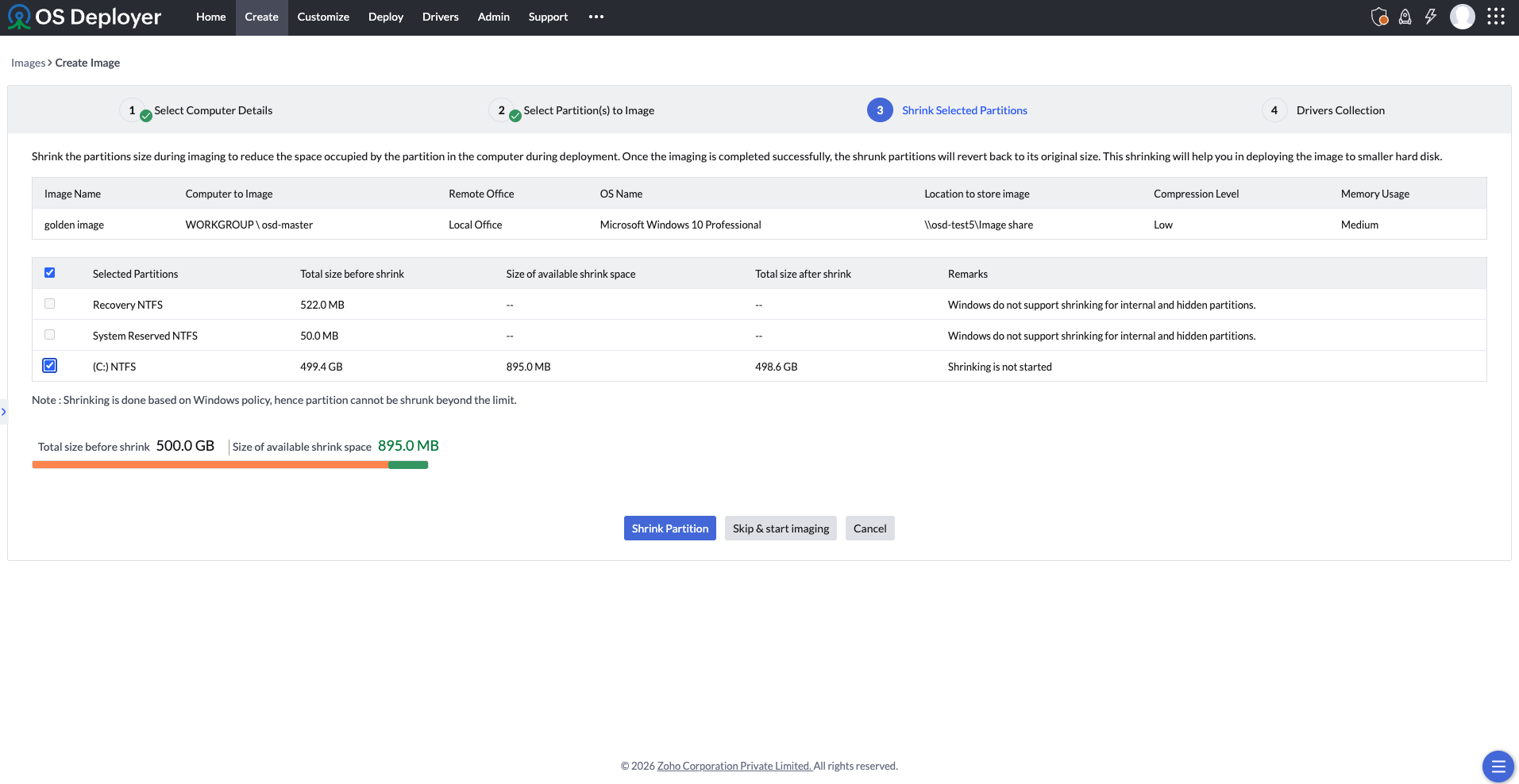 Choose to start imaging or shrink partition & start imaging