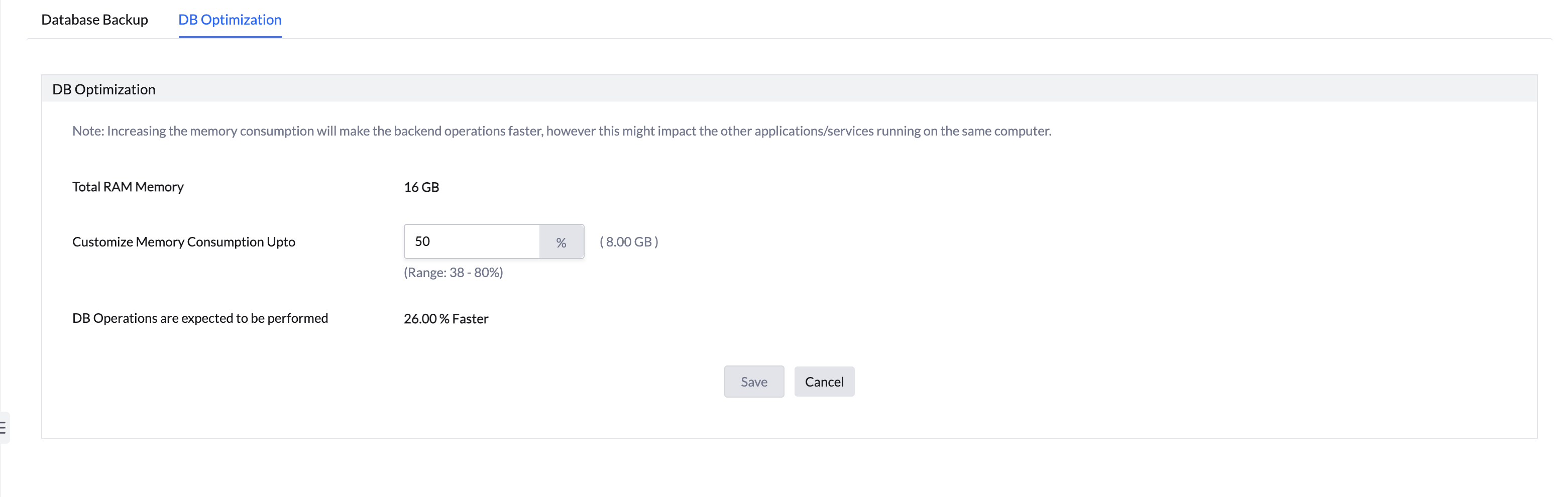 UI screen for DB Optimization memory allocation in Central Server