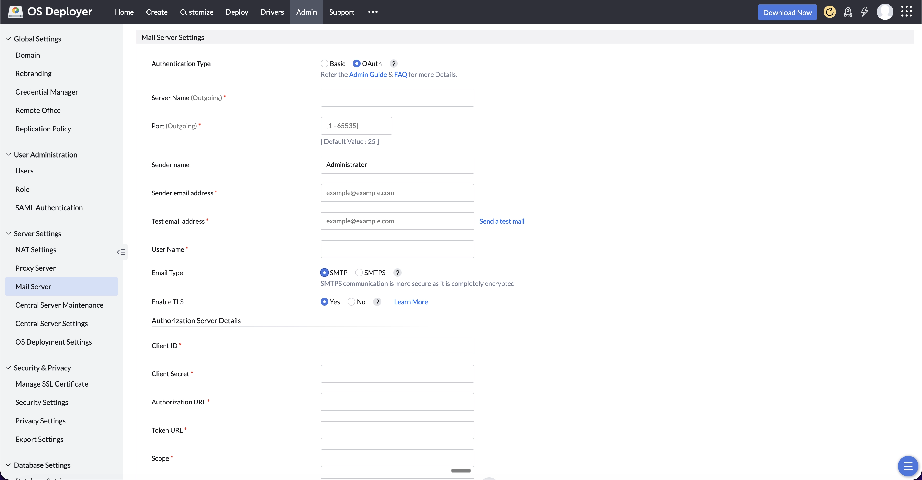 Mail Server Settings in Central Server Mail Server Settings in Central Server