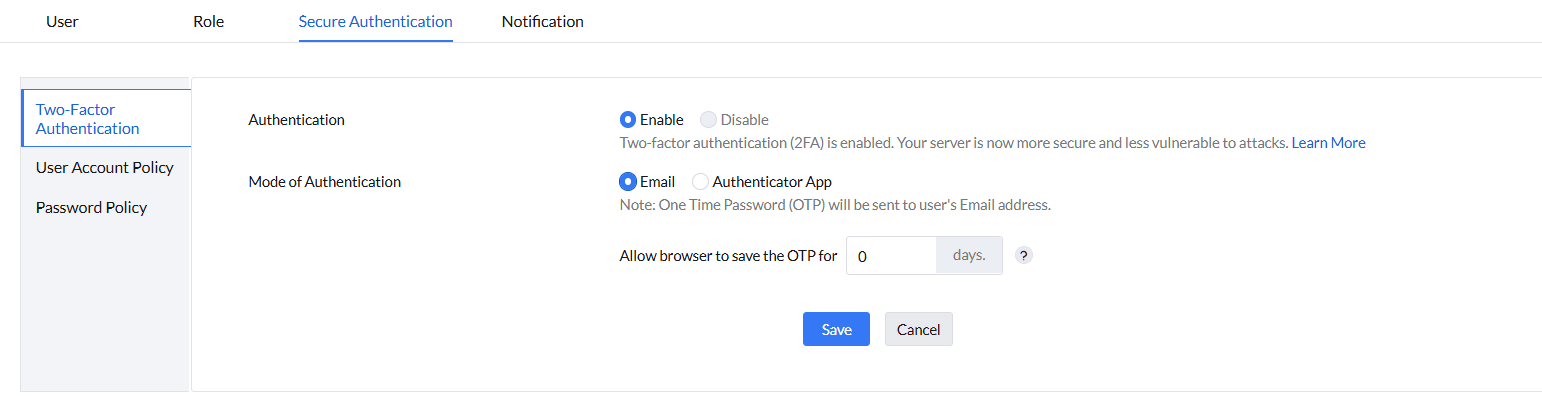 Email-based authentication setup screen