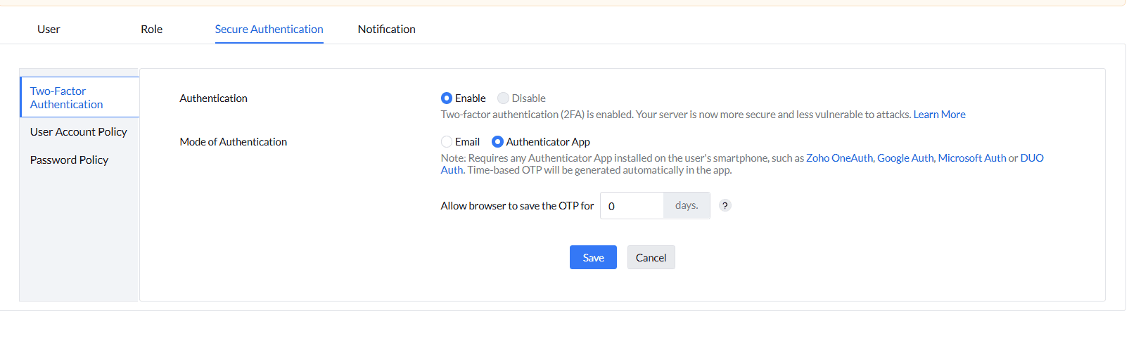 Authenticator App selection for Two-Factor Authentication