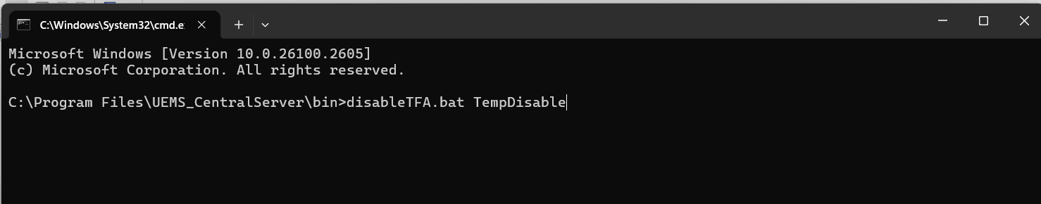 Command prompt running disableTFA.bat with TempDisable argument
