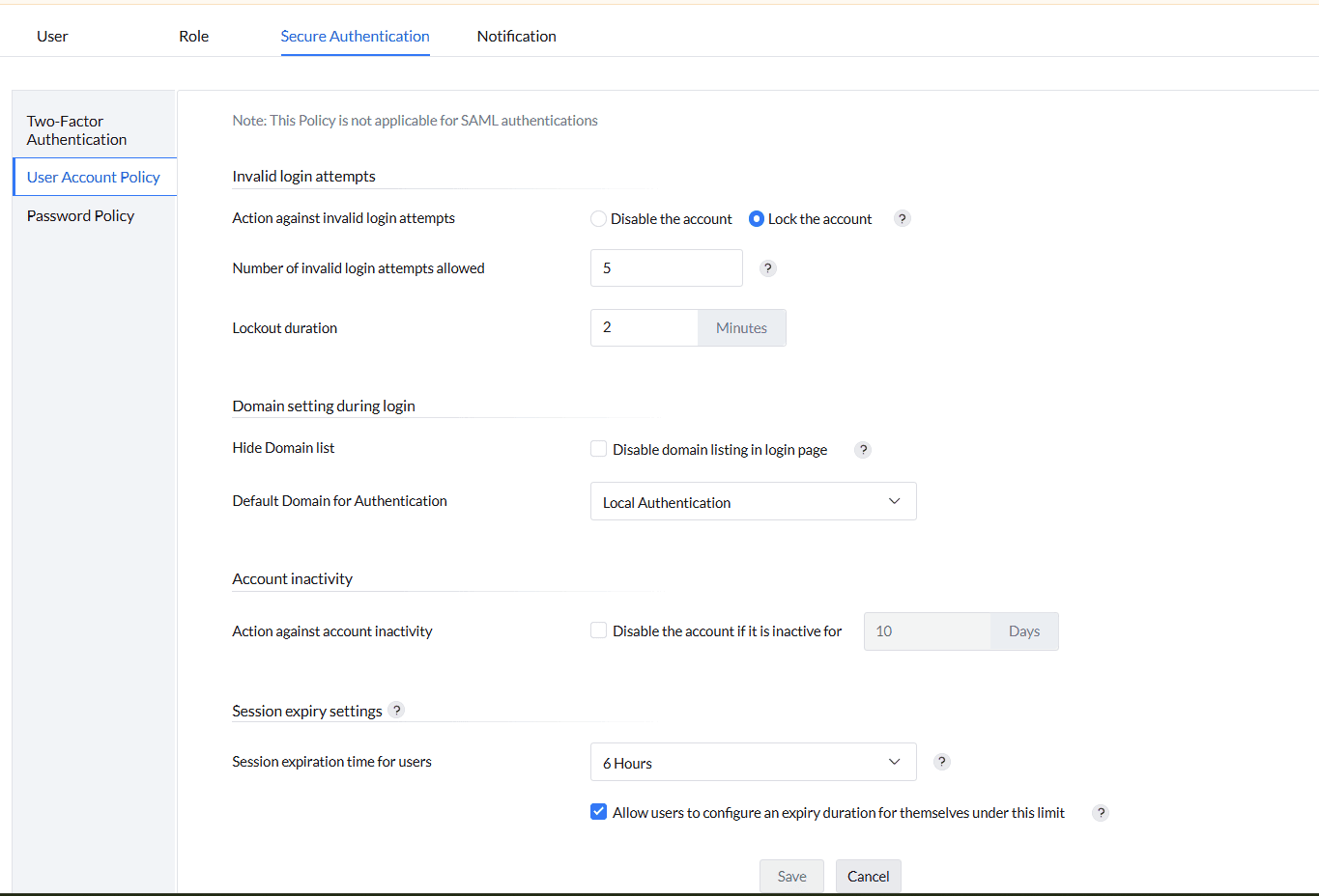 User Account Policy configuration page