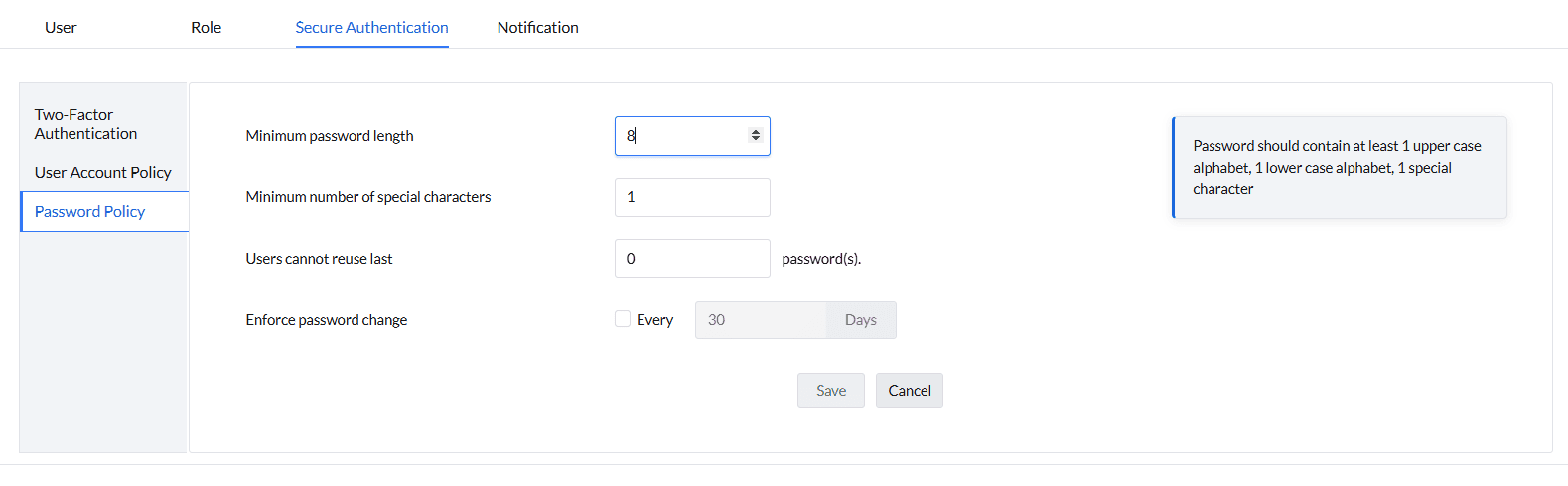 Password Policy settings in Secure Authentication