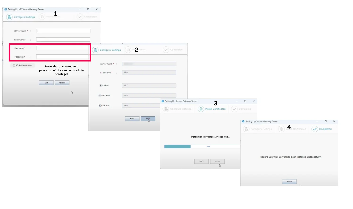 Configuring Secure Gateway Server with user credentials with admin privilege