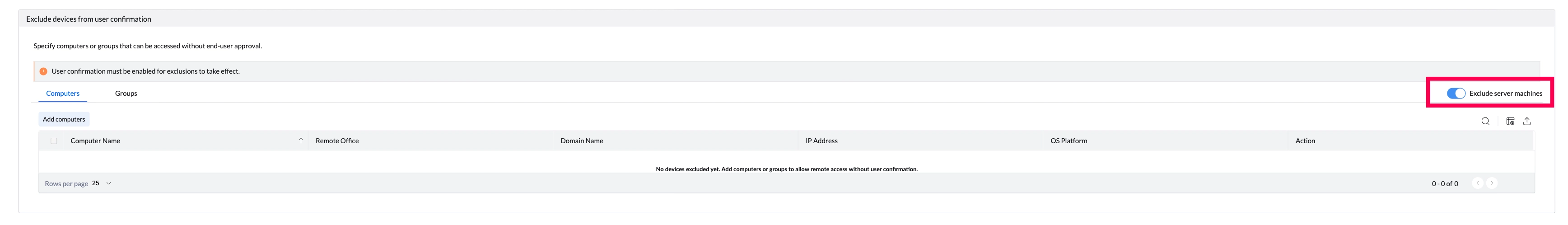 excluding servers from user confirmation