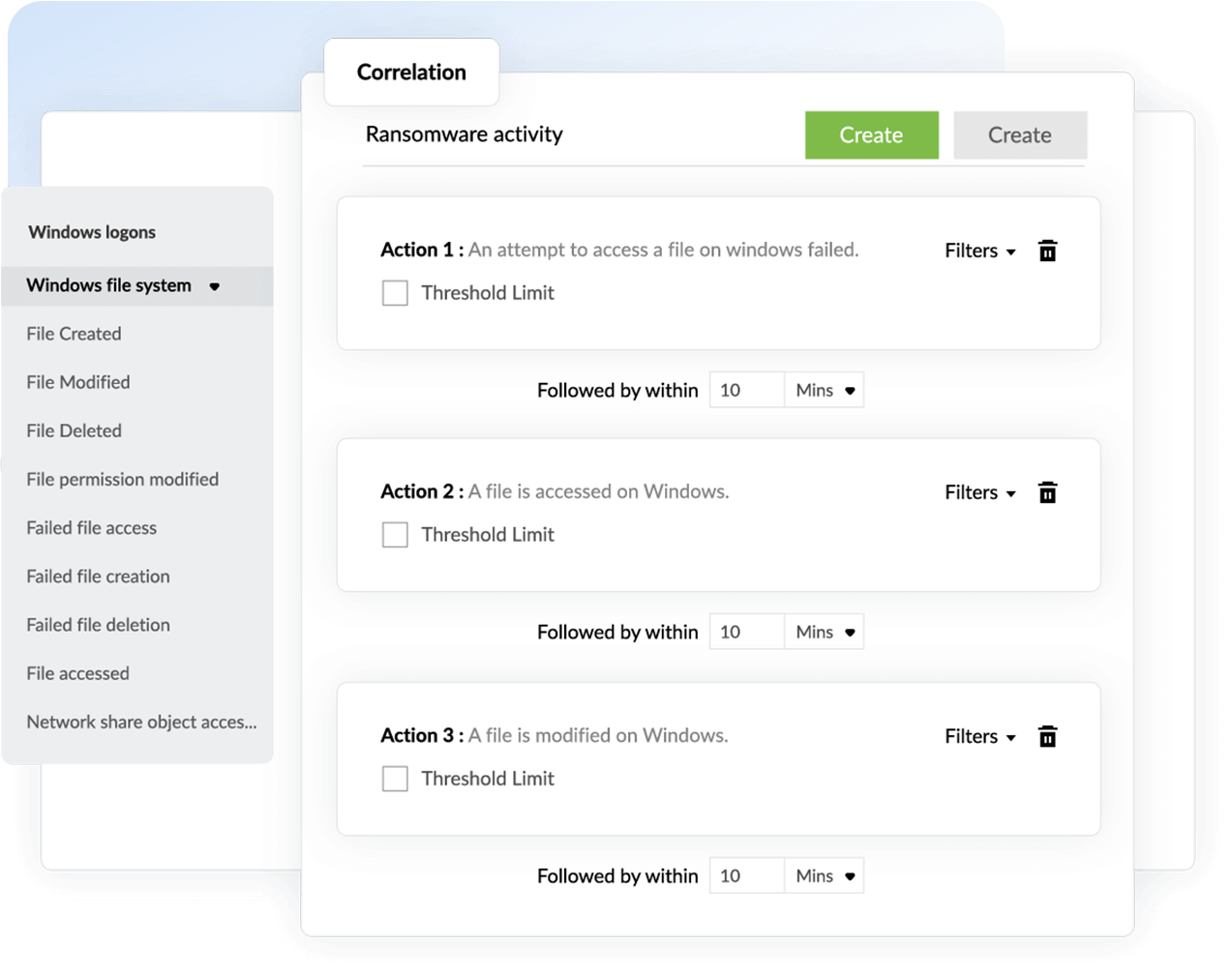 Korrelationsregel f&ouml;r &ouml;vervakning av filintegritet i Log360 f&ouml;r att uppt&auml;cka aktiviteter med utpressningstrojaner