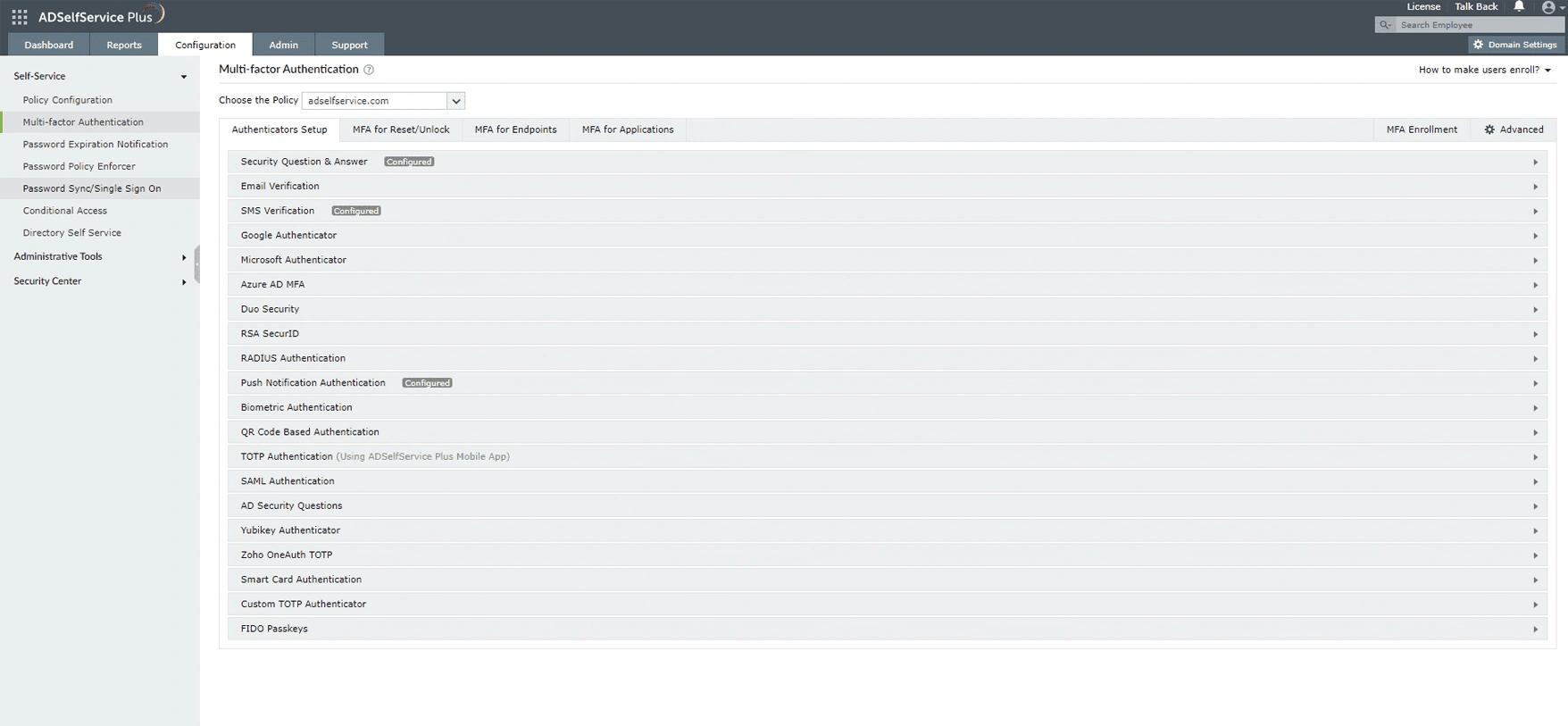 An image showing the different authentication factors available in ADSelfService Plus