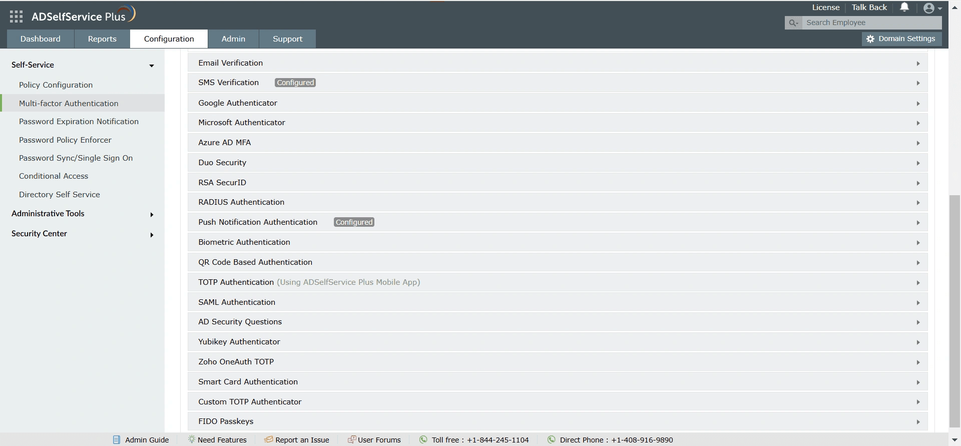 A screenshot showing the variety of authentication factors available in ADSelfService Plus
