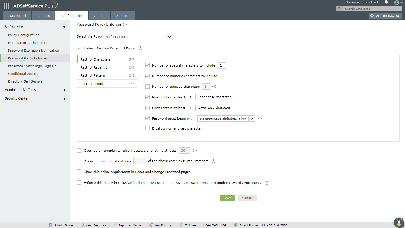 Configuring strong password policies using ADSelfService Plus to improve password hygiene.