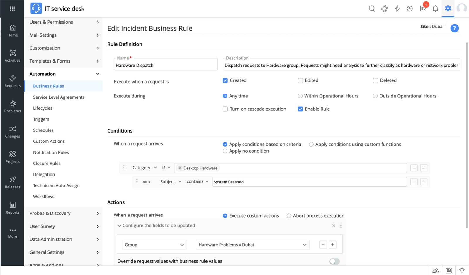 Affärsregler i ServiceDesk Plus hjälper till att automatisera repetitiva uppgifter.