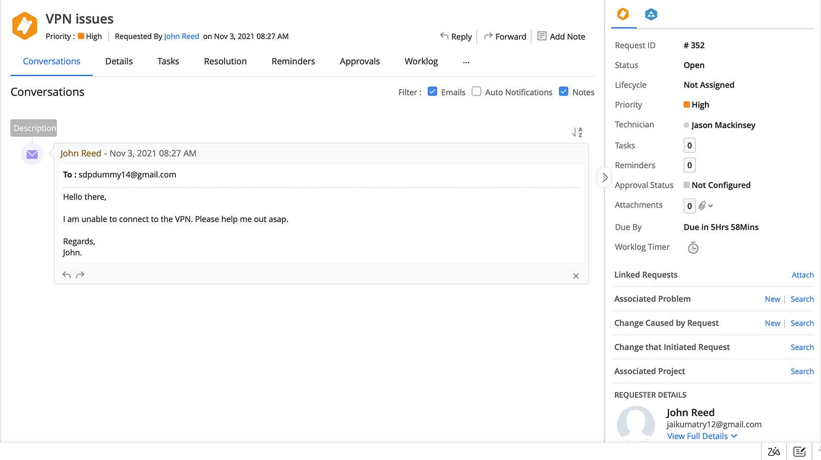I ServiceDesk Plus skapas ärenden automatiskt från inkommande e-postmeddelanden.