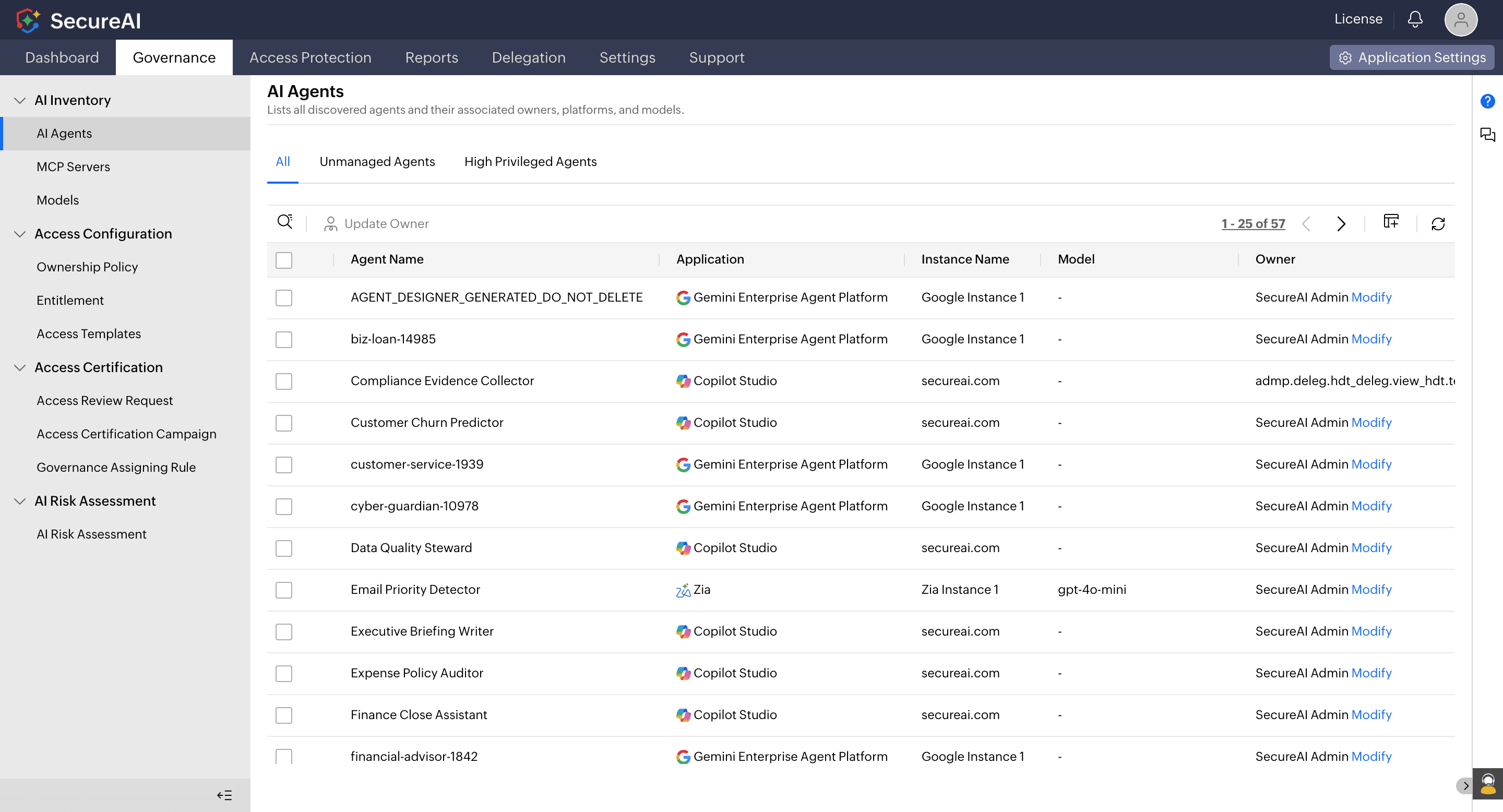 SecureAI's inventory of discovered agents with their platforms, models, and owners.