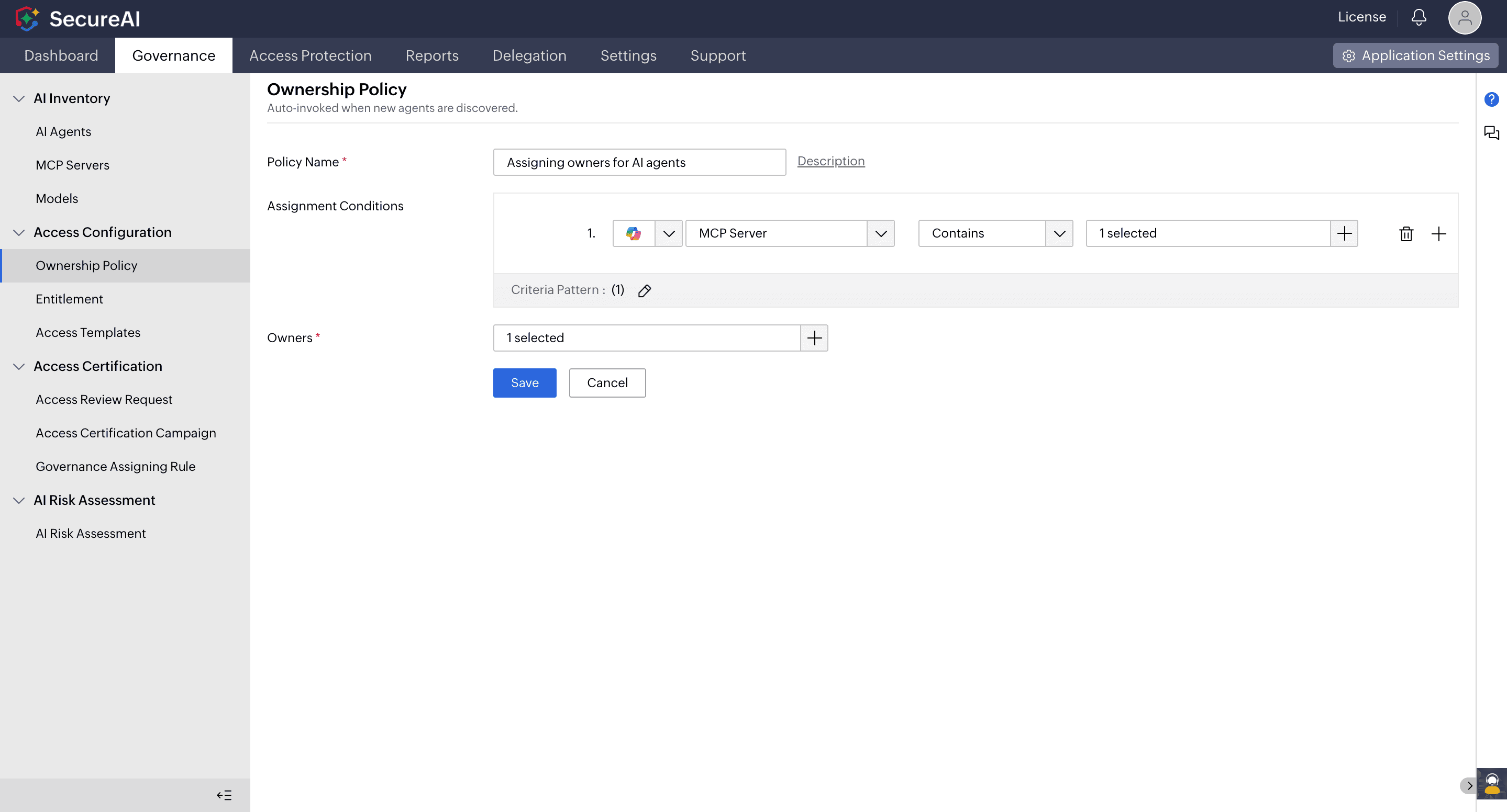 SecureAI's Ownership Policy feature, which assigns owners to new agents based on conditions.