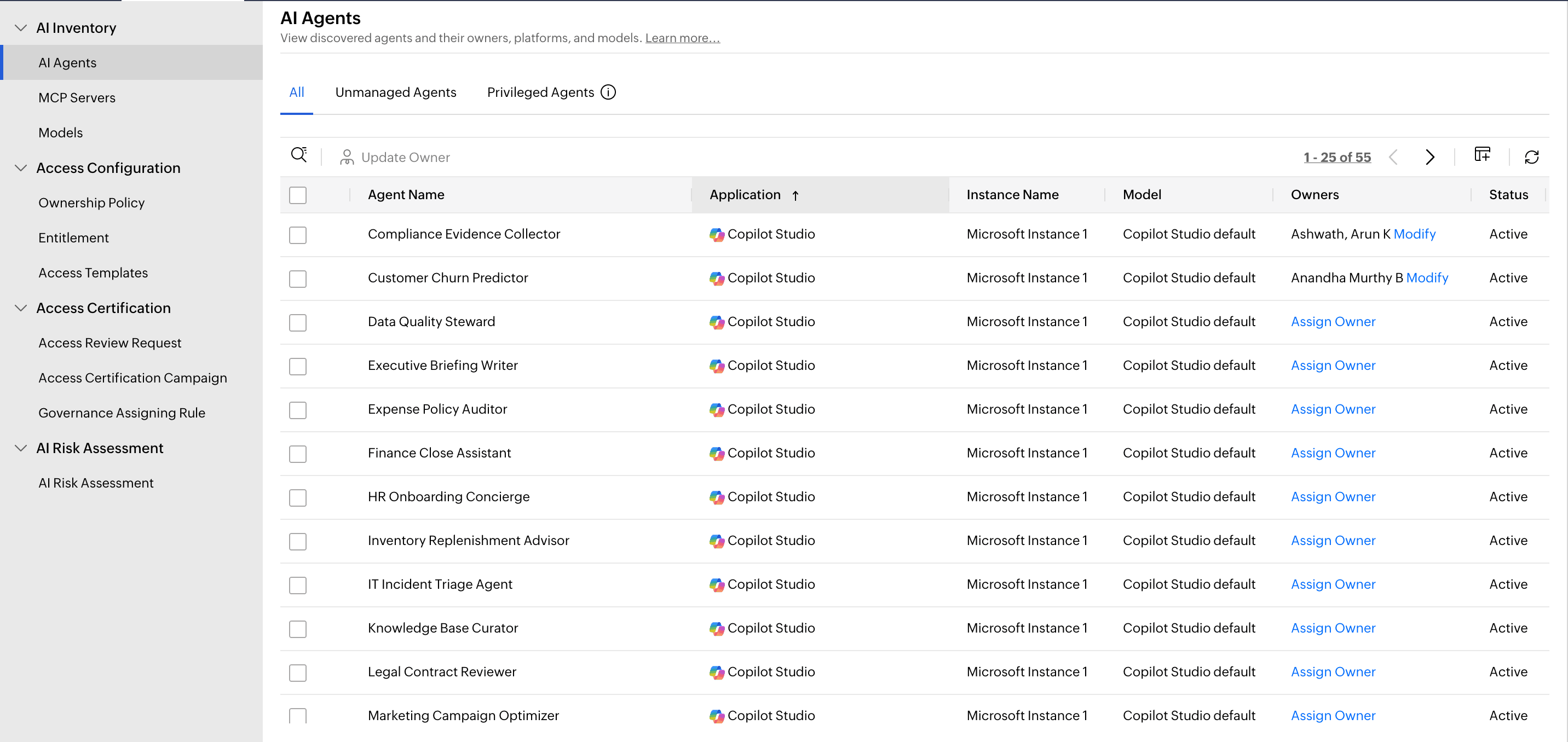 SecureAI’s AI Agents page filtered to Copilot Studio agents and showing agent name, status, owner, and a View Graph link for each entry.