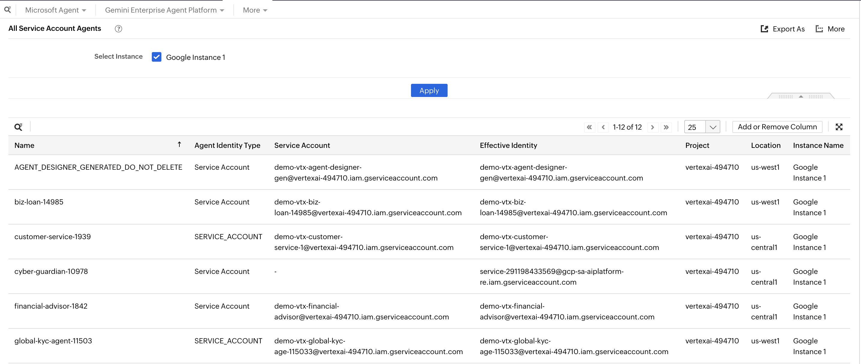 The All Service Account Agents report in SecureAI with the details of all Gemini agents with a service accout attached.