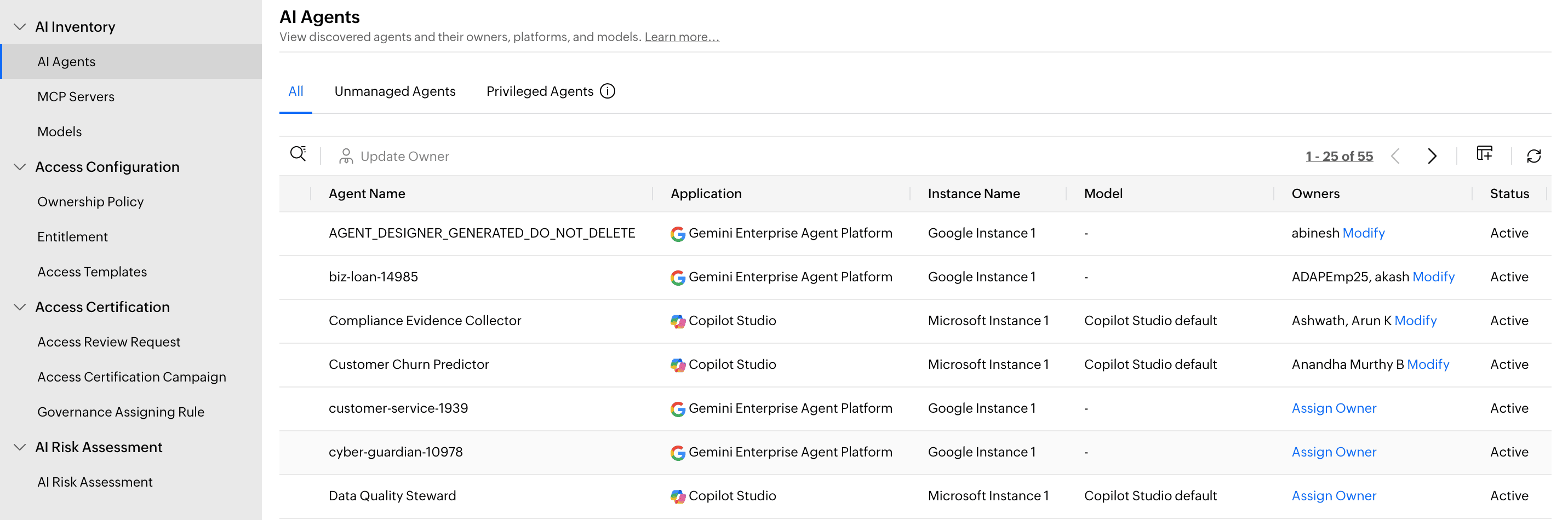 SecureAI's AI Agents inventory listing discovered agents with their platform, model, owner, and status.