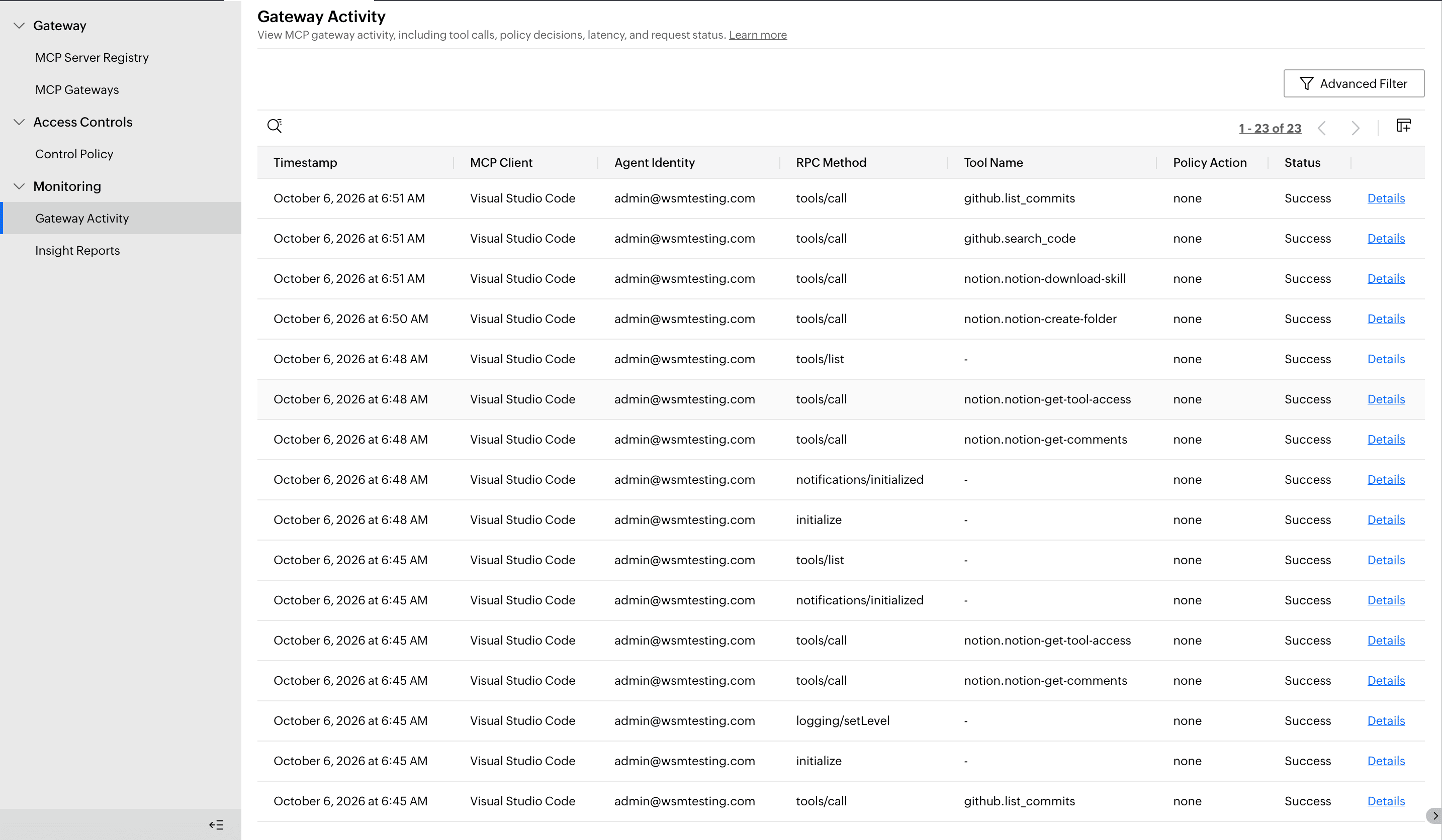 SecureAI MCP gateway monitoring view with traffic, blocked requests, DLP event trends, latency, and tool call outcomes.